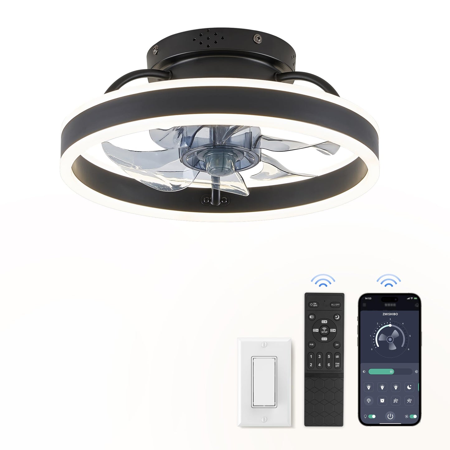 Ceiling Fans with Lights and Remote, 19.7'' Low Profile Ceiling Fan, 3000-6000K Dimmable Modern Flush Mount LED Fan Light, 6 Wind Speeds, Black Fandelier Ceiling Fans for Bedroom