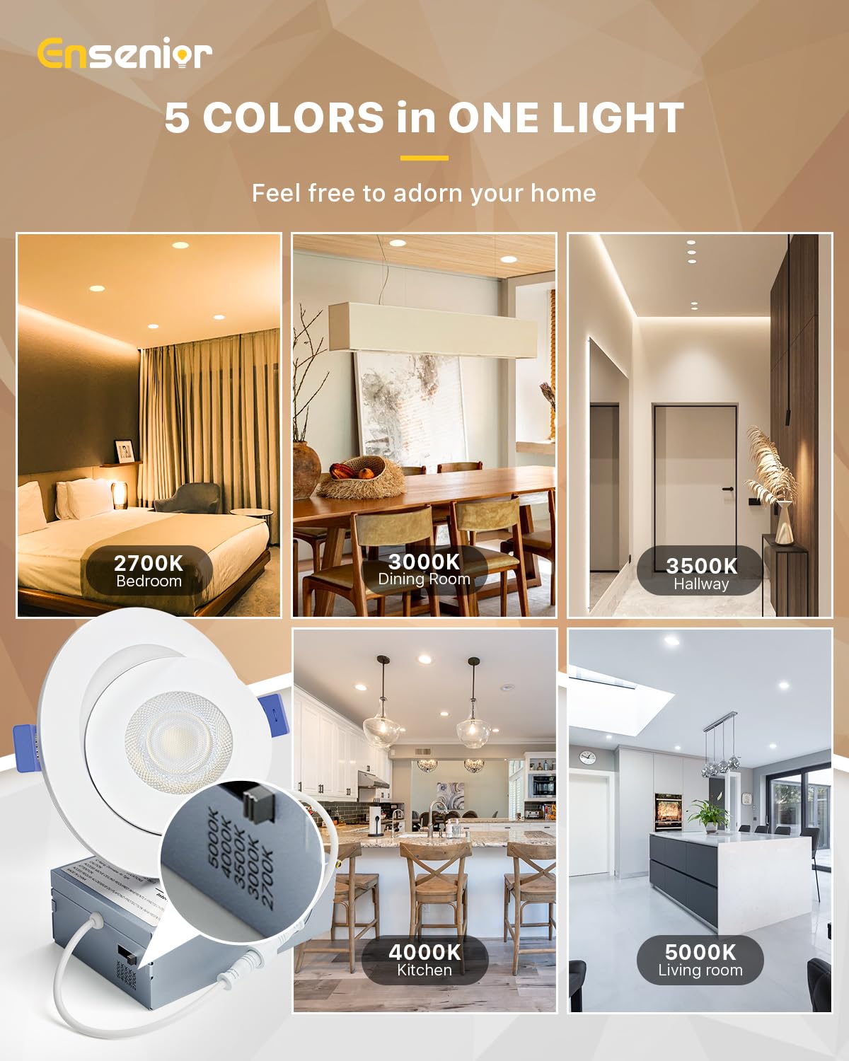 Ensenior 4 Pack 4 inch Gimbal Led Recessed Light with Junction Box, 90° Adjustable Directional Eyeball Lighting, Dimmable, 2700K/3000K/3500K/4000K/5000K, 900LM, 9W=100W-FCC Certified
