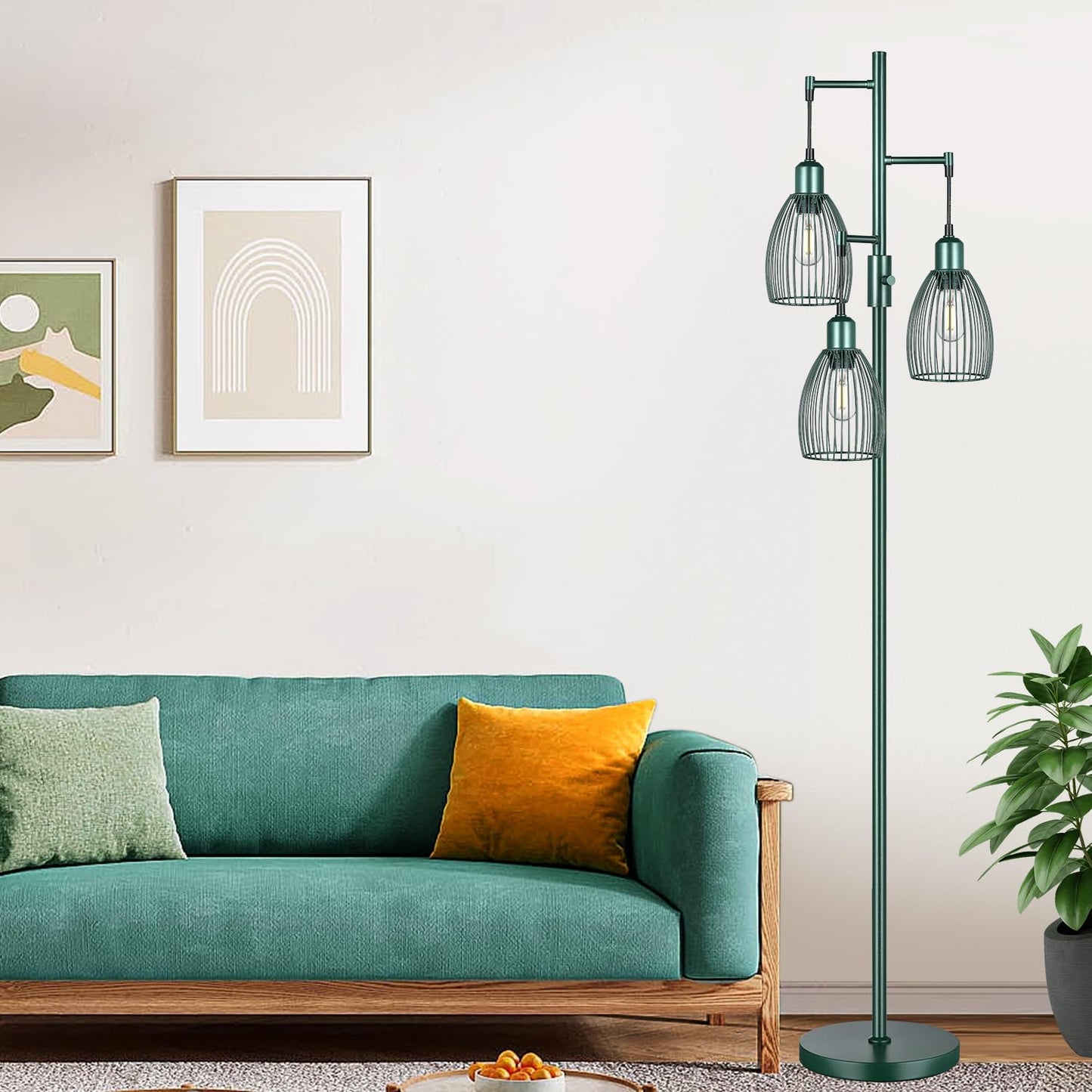 Dimmable Industrial Floor Lamps for Living Room, Gold Tree Standing Tall Lamps with 3 Elegant Teardrop Cage Head & 800 Lumens LED Bulbs for Bedroom Office