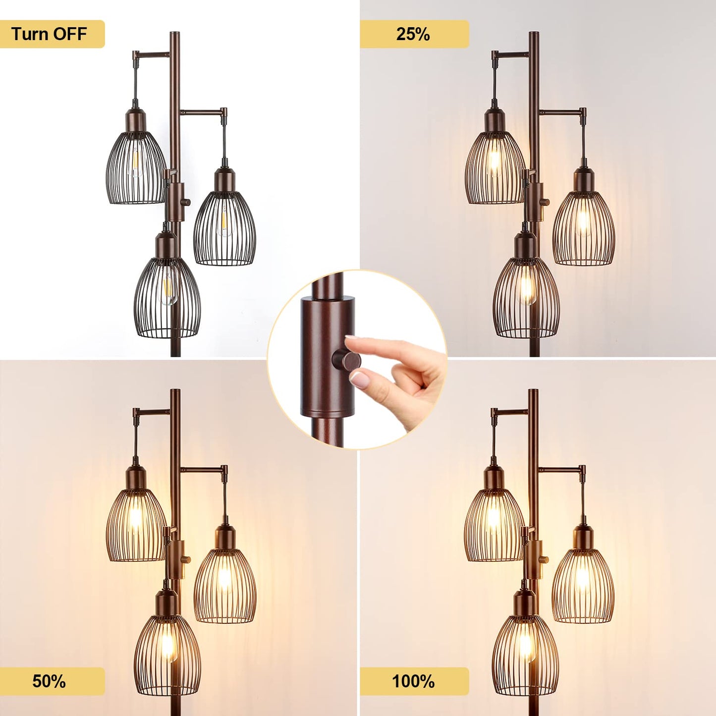 Dimmable Industrial Floor Lamps for Living Room, Gold Tree Standing Tall Lamps with 3 Elegant Teardrop Cage Head & 800 Lumens LED Bulbs for Bedroom Office