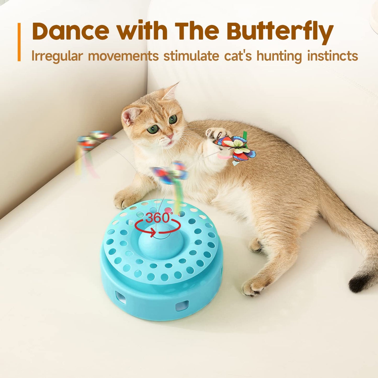 Potaroma Cat Toys 3in1 Automatic Interactive Kitten Toy, Fluttering Butterfly, Moving Ambush Feather, Track Balls, Dual Power Supplies, USB Powered, Indoor Exercise Kicker (Bright White)