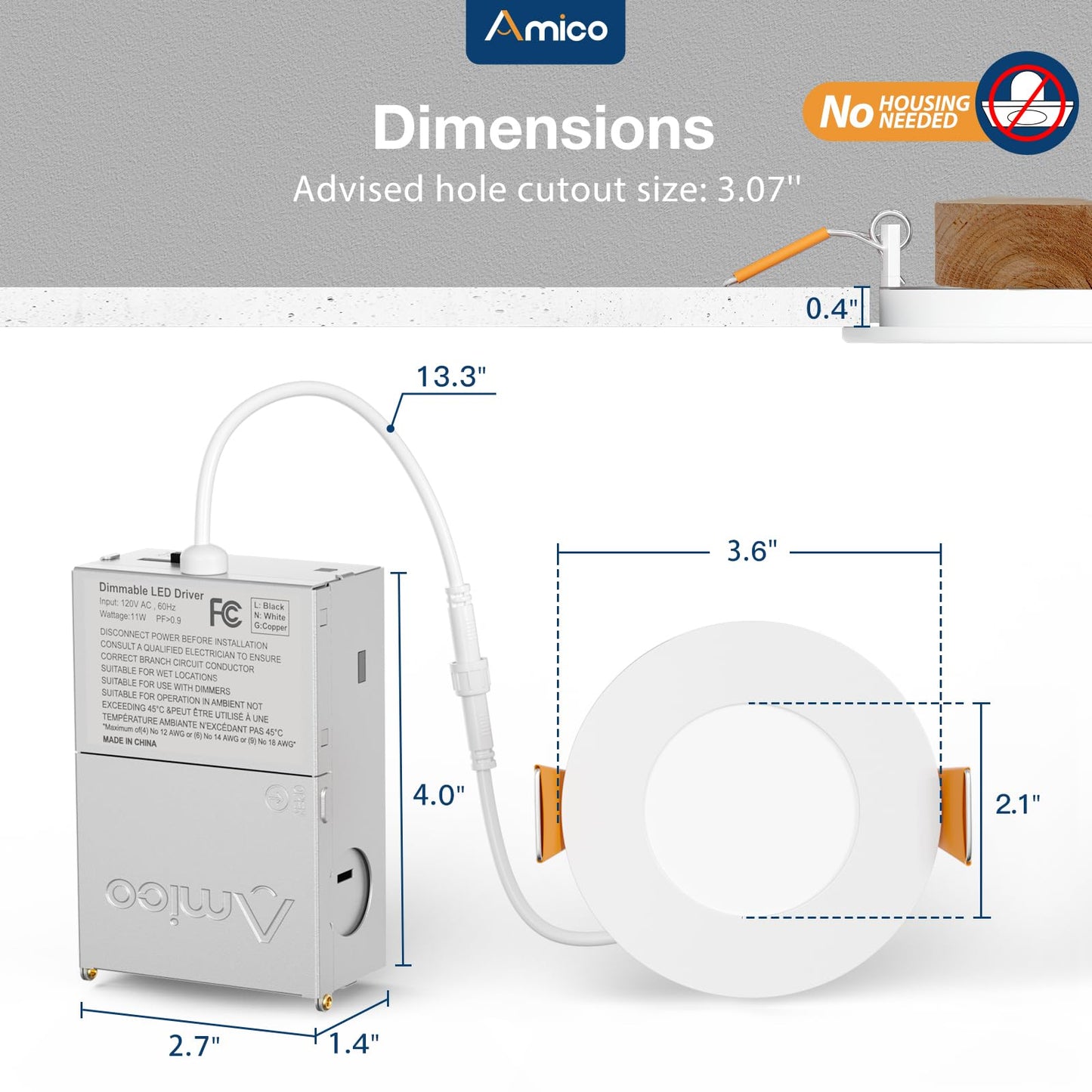 Amico 12 Pack 6 Inch 5CCT Ultra-Thin LED Recessed Ceiling Light with Junction Box, 1050LM Brightness, Dimmable Canless Wafer Downlight, 12W, ETL&FCC
