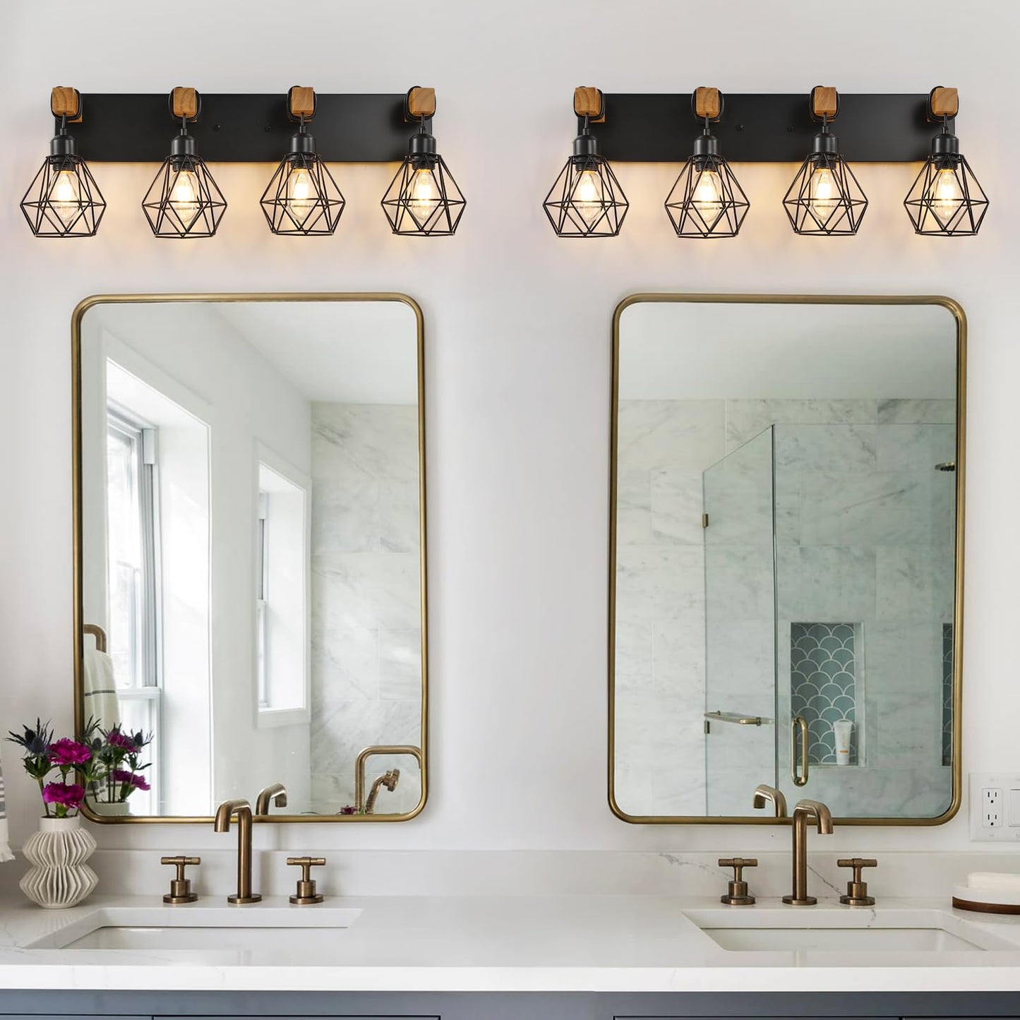 Farmhouse Vanity Light for Bathroom, 3-Light Wood Bathroom Vanity Light Fixtures Over Mirror, Rustic Sconces Wall Lighting with Metal Lampshade for Living Room, Bedroom, Hallway