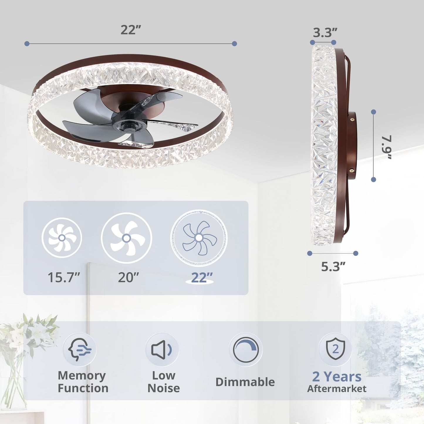 LEDIARY 20" Modern Ceiling Fans with Lights and Remote, Dimmable Low Profile Ceiling Fan, Flush Mount Ceiling Fan, Stepless Color Temperature Change and 6 Speeds - White