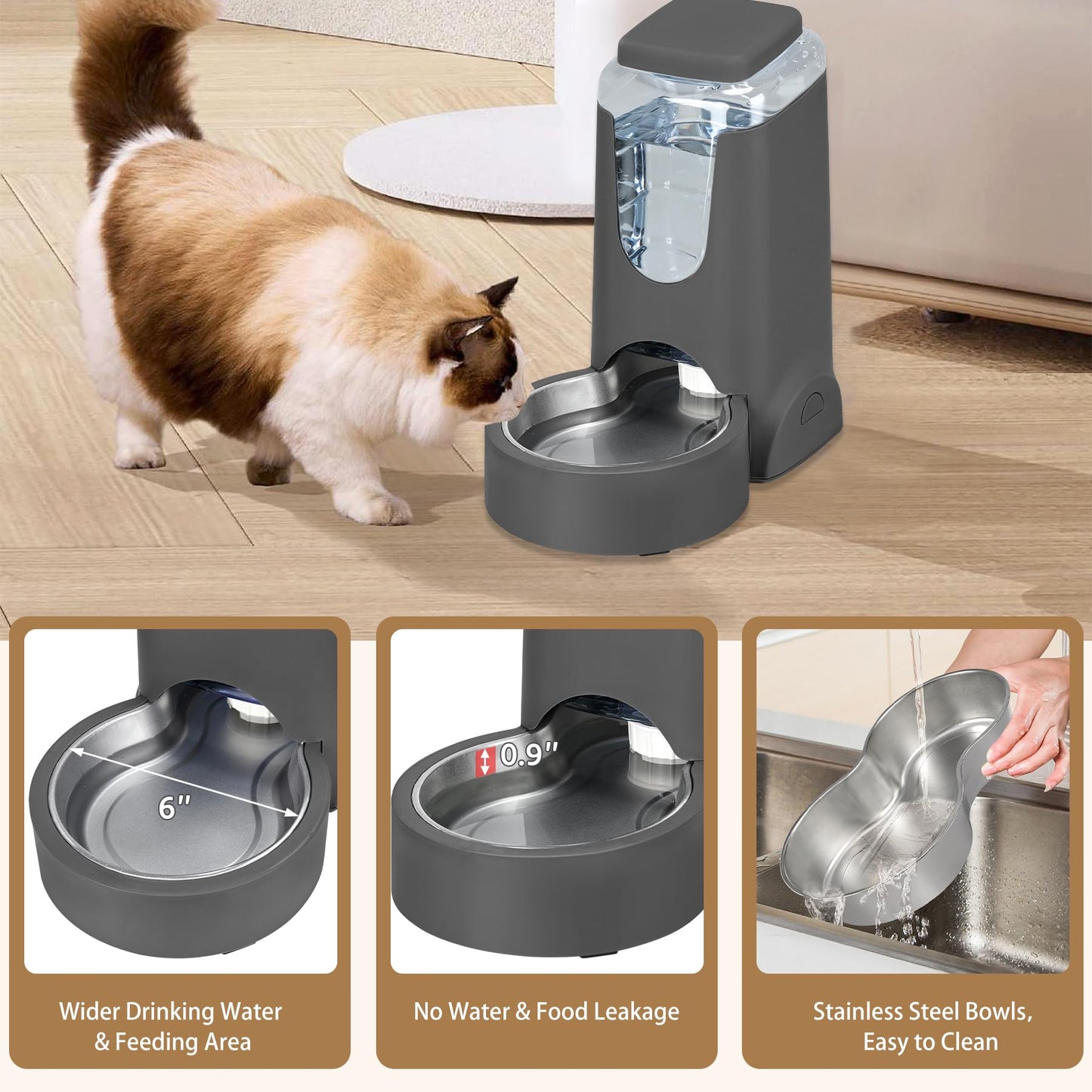 2 Pack Automatic Cat Feeder and Stainless Steel Water Dispenser, Gravity Dog Waterer Set Food Feeder and Waterer Set for Small Medium Kitten Puppy Pets(1 Gallon x 2, Charcoal Gray)