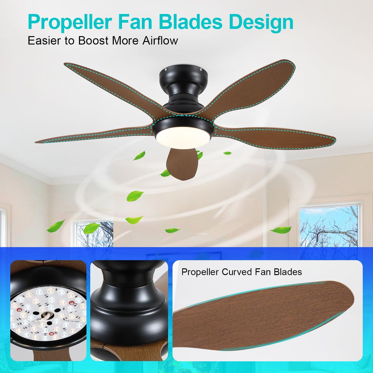 Ceiling Fans with Lights, 51 inch Modern Black Low Profile Ceiling Fan with Light and Remote App Control, Flush Mount, Quiet DC Reversible, Dim Led Ceiling Fan 6 Blade Softer Wind Indoor/Outdoor Patio