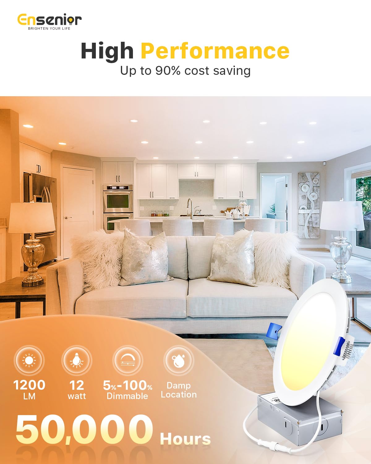 Ensenior 6 Pack 6 Inch LED Recessed Light, Dimmable, 2700K-5000K 5CCT, 1200LM High Brightness, 12W 120V, Damp Rated, Ultra-Thin Canless Wafer Ceiling Light - ETL & FCC & IC