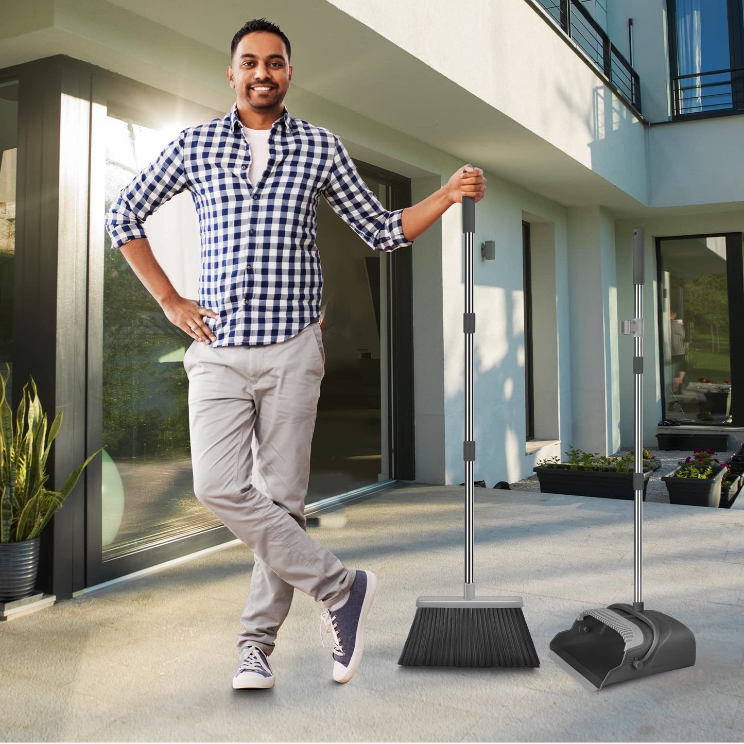 kelamayi Upgrade Broom and Dustpan Set, Self-Cleaning with Dustpan Teeth, Indoor&Outdoor Sweeping, Ideal for Dog Cat Pets Home Use, Stand Up Broom and Dustpan (Gray&Orange)