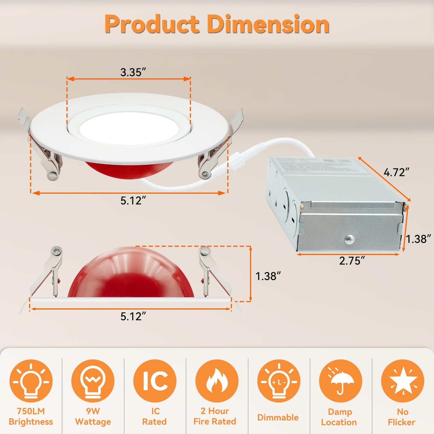 HONZIN 12 Pack 4 Inch Recessed Lighting, 5CCT Gimbal Led Recessed Light 4 Inch with Junction Box, Dimmable, 9W CRI90+, IC Rated, 2700K/3000K/3500K/4000K/5000K Selectable, No Fire Cone Needed