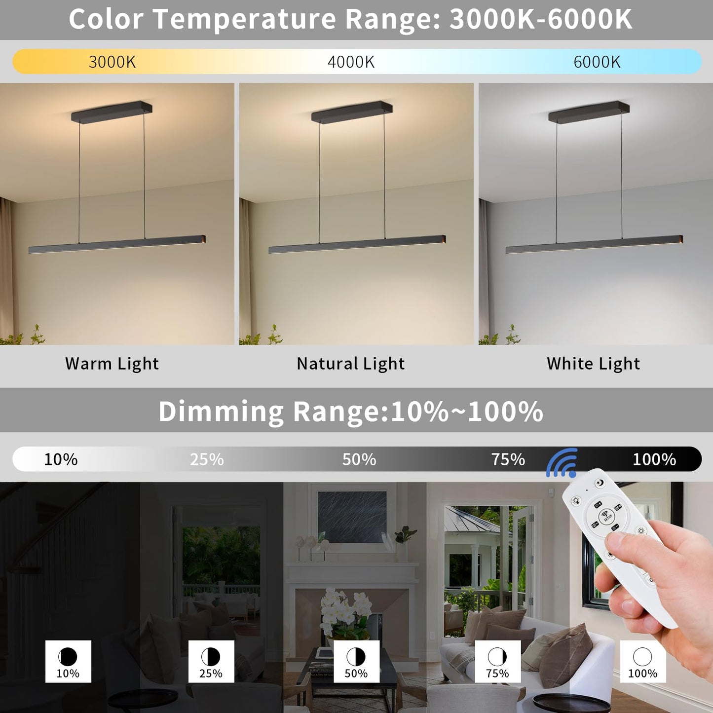 Modern LED Pendant Lights, 39in Chandelier Dimmable with Remote Control 3000k-6000K Adjustable Color Temperature, Aluminum Island Lighting Lamp Fixture for Kitchen, Dining Room, Billiard Room
