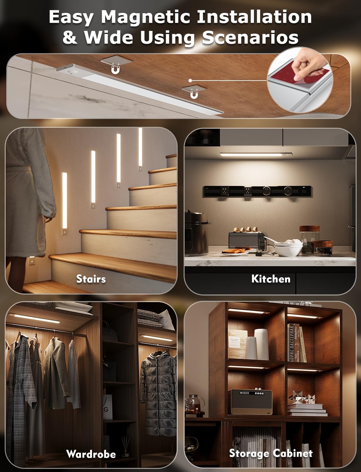 12" Thin Motion-Activated Under Cabinet Lighting, Aluminum Alloy Under Counter Lights for Kitchen, 3-Color-Temps Magnetic Closet Lights, Rechargeable Motion Sensor Light Indoor (4Pack, Silver)