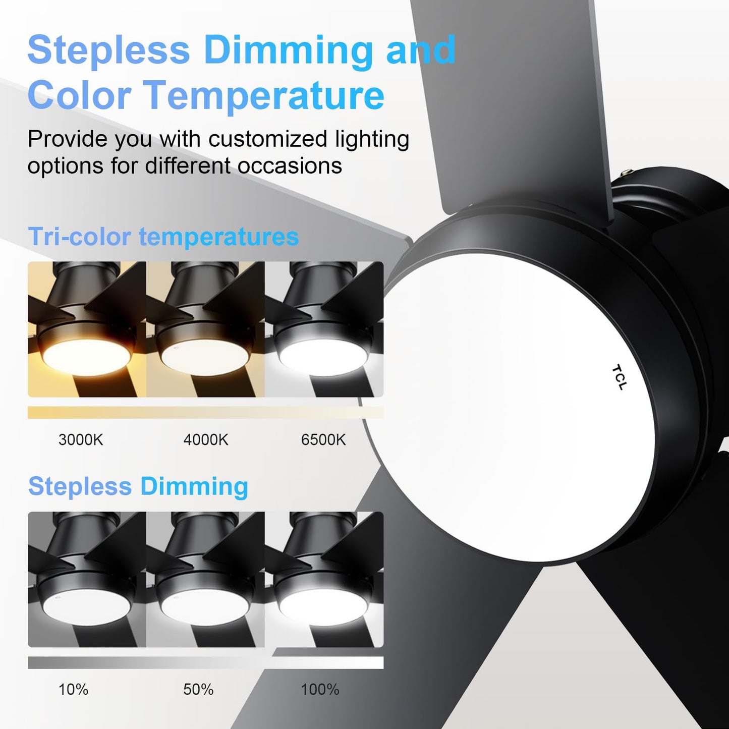 TCL 52" Ceiling Fan with Lights, Black Flush Mount Ceiling Fans with Remote Control, 6 Speeds DC Reversible, Dimmable, Noiseless, Low Profile
