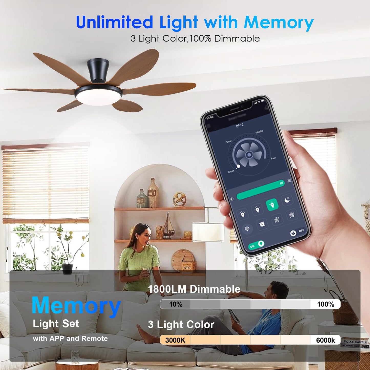 Ceiling Fans with Lights, 51 inch Modern Black Low Profile Ceiling Fan with Light and Remote App Control, Flush Mount, Quiet DC Reversible, Dim Led Ceiling Fan 6 Blade Softer Wind Indoor/Outdoor Patio