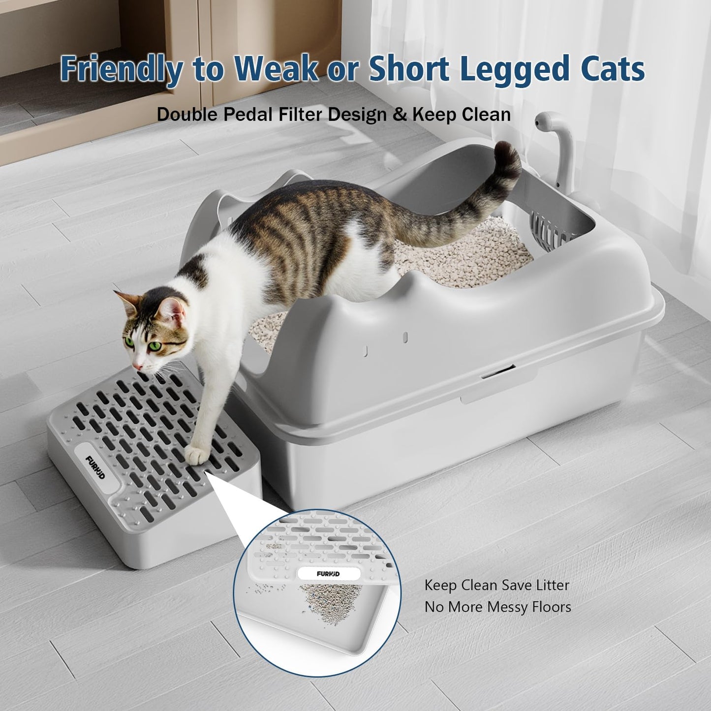 Enclosed Cat Litter Box Stainless Steel with Lid, XL Extra Large Litter Box for Big Cats, Metal High Sided Litter Box with Scoop, Non-Sticky Anti-Leakage Easy Cleaning Gray