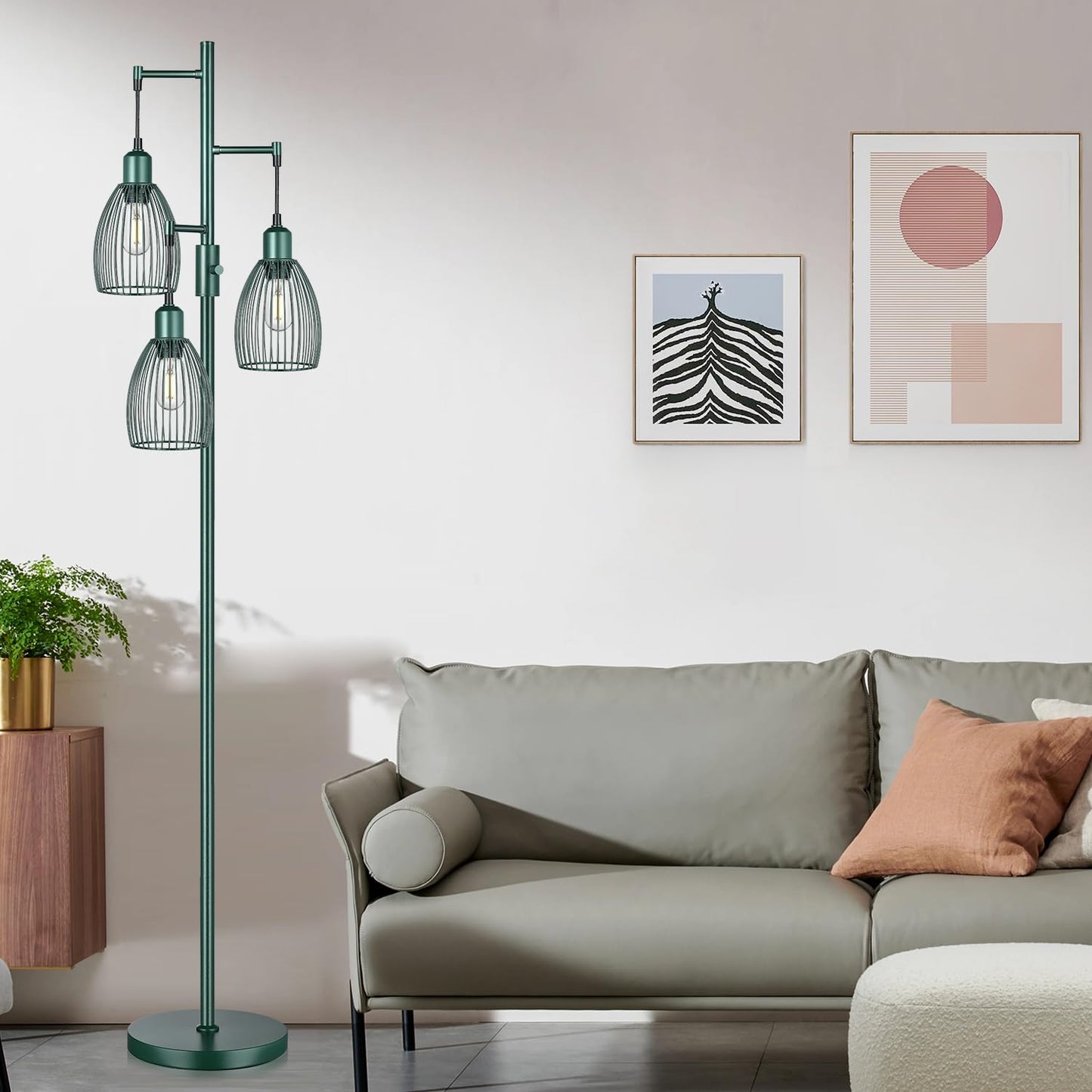 Dimmable Industrial Floor Lamps for Living Room, Gold Tree Standing Tall Lamps with 3 Elegant Teardrop Cage Head & 800 Lumens LED Bulbs for Bedroom Office