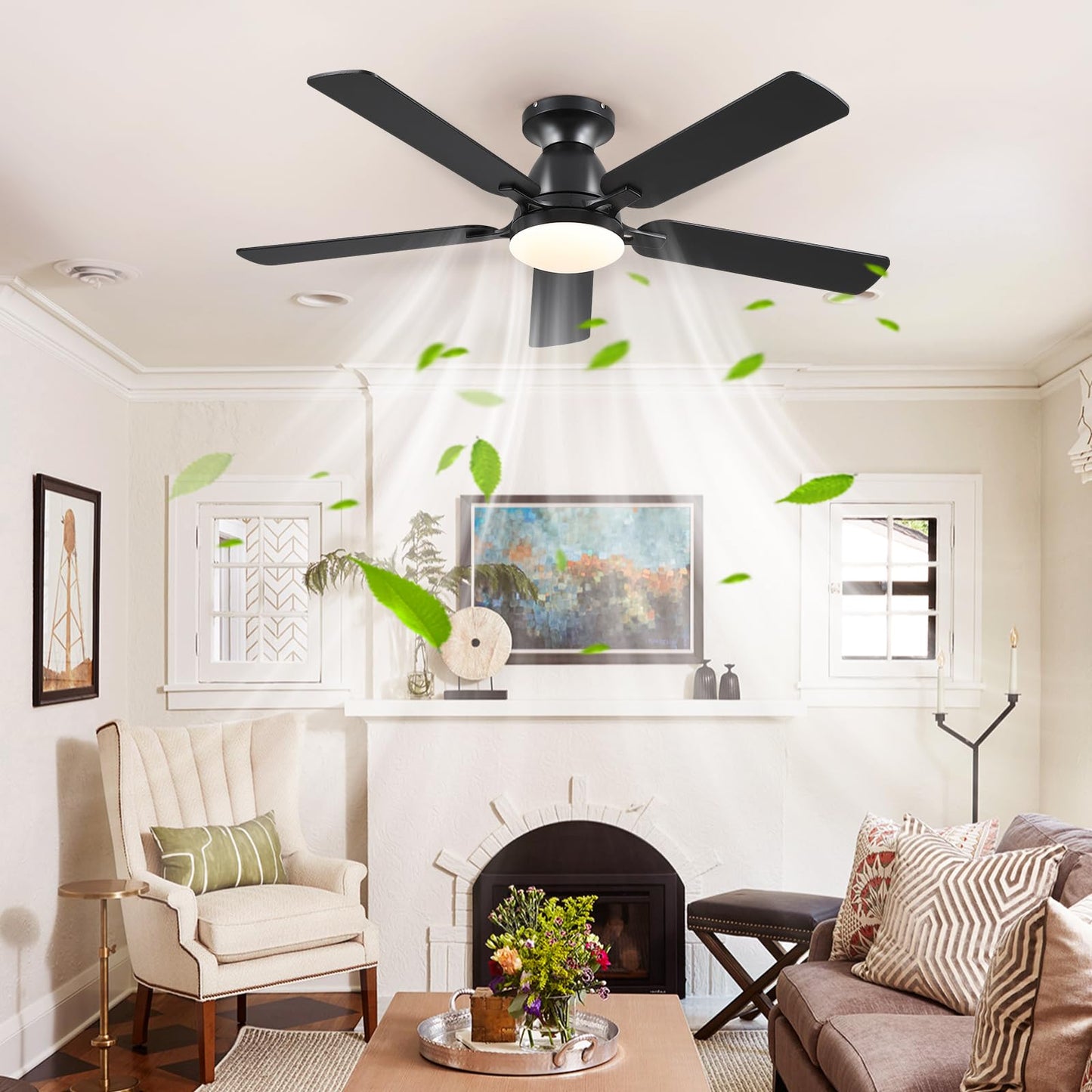 Ceiling Fans with Lights- 46" Low Profile Indoor Ceiling Fan with Light and Remote/APP Control, Flush Mount, LED Dimmable DC Reversible Modern Ceiling Fan for Bedroom(Black)