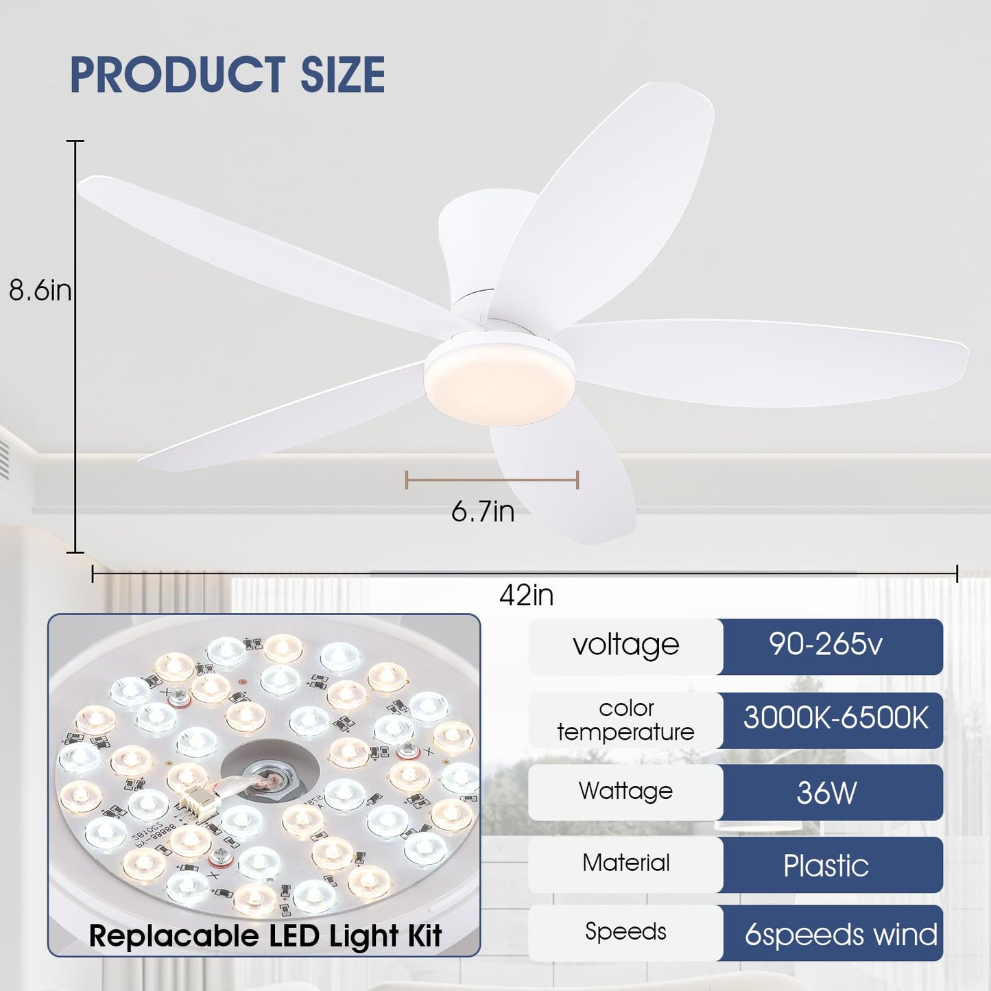 Ceiling Fans with Lights-36 Low Profile Ceiling Fan with Light and Remote/APP Control,Flush Mount,DC Reversible,LED Dimmable Blakc Ceiling Fans for Bedroom,Indoor/Outdoor Patio Use