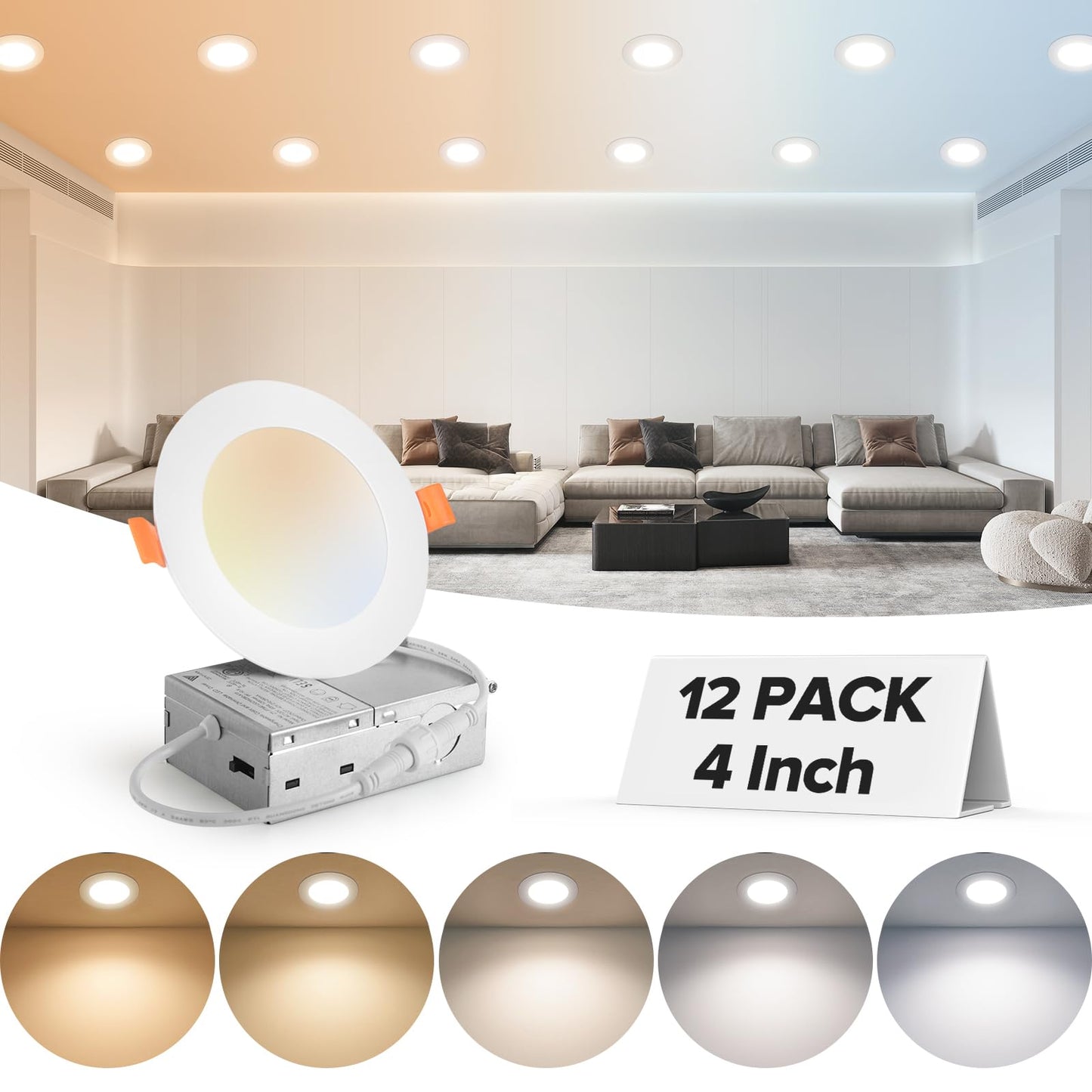 24 Pack 6 Inch 5CCT Ultra-Thin LED Recessed Ceiling Light with Junction Box, 2700K-5000K Selectable, 1050LM High Brightness, 0%-100% Dimmable Canless Wafer Downlight, 12W 120V, ETL