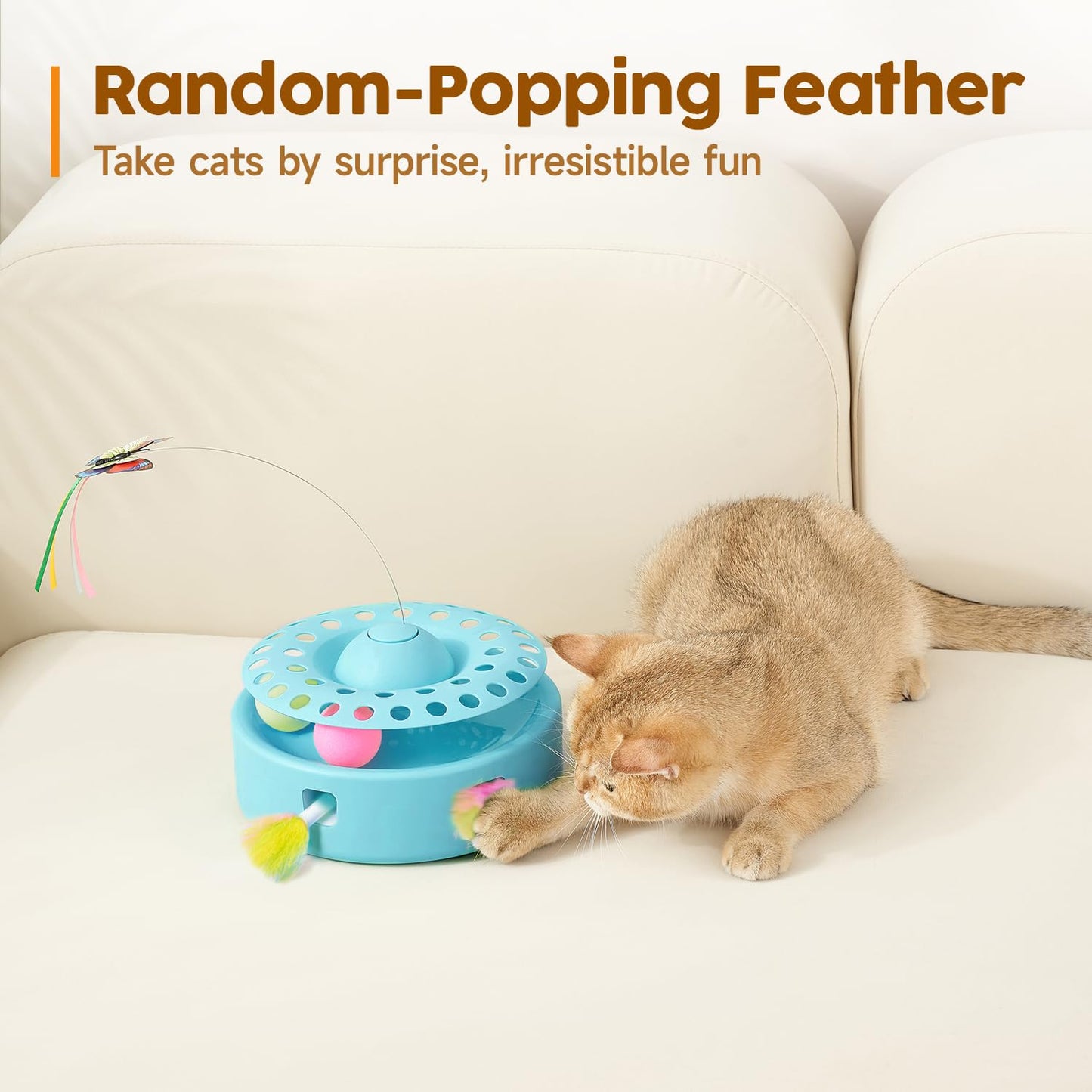 Potaroma Cat Toys 3in1 Automatic Interactive Kitten Toy, Fluttering Butterfly, Moving Ambush Feather, Track Balls, Dual Power Supplies, USB Powered, Indoor Exercise Kicker (Bright White)