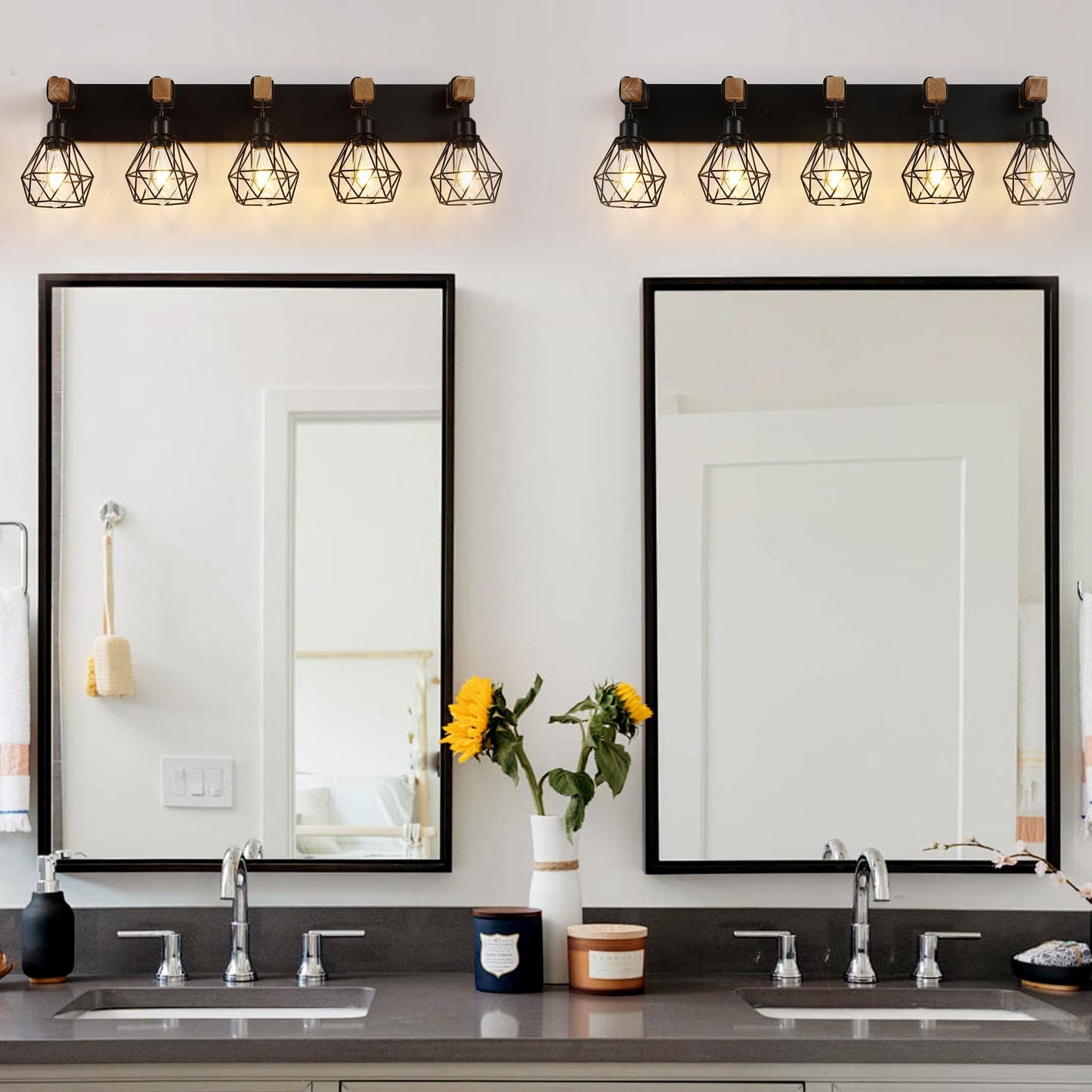 Farmhouse Vanity Light for Bathroom, 3-Light Wood Bathroom Vanity Light Fixtures Over Mirror, Rustic Sconces Wall Lighting with Metal Lampshade for Living Room, Bedroom, Hallway