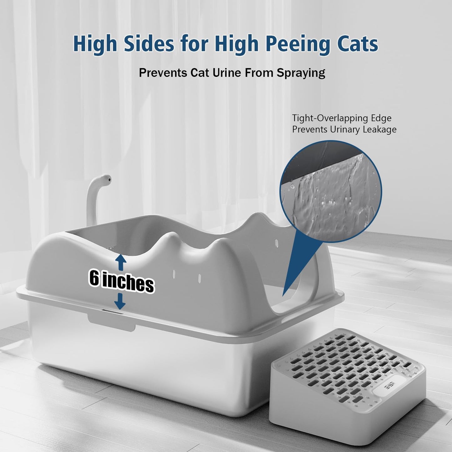 Enclosed Cat Litter Box Stainless Steel with Lid, XL Extra Large Litter Box for Big Cats, Metal High Sided Litter Box with Scoop, Non-Sticky Anti-Leakage Easy Cleaning Gray