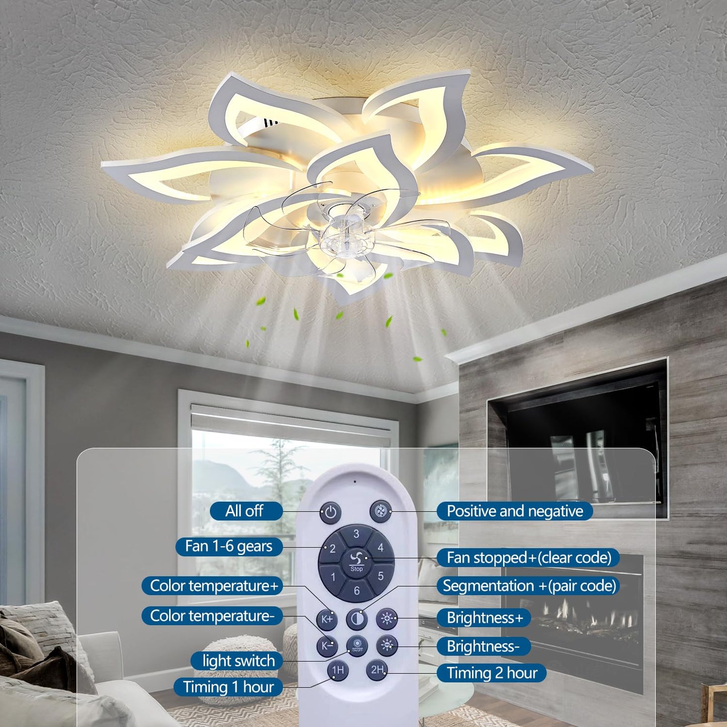 Ceiling Fan with Lights Remote Control, 24" Black, 6 Speeds 3 Light Color Low Profile Flush Mount Ceiling Fan for Kitchen Bedroom