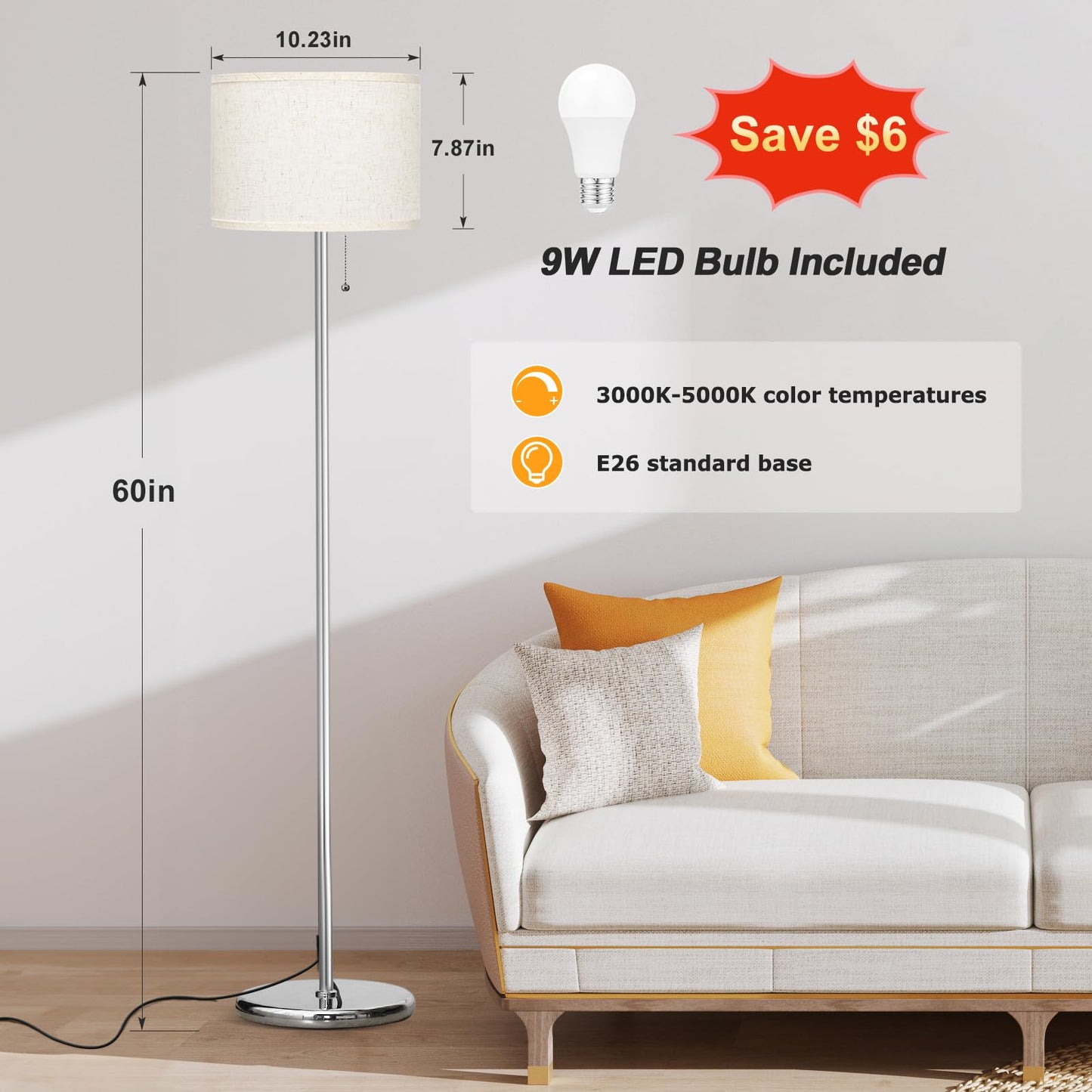 Modern Floor Lamp Simple Design with White Shade, Foot Pedal Switch, 60" Small Tall Lamps for Living Room Bedroom Office Dining Room Kitchen, Black Pole Lamp(Without Bulb)