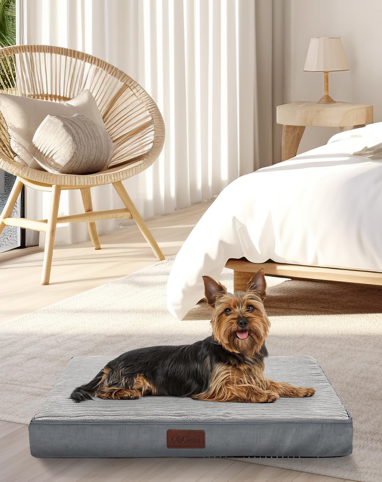 OhGeni 35 Inch Orthopedic Waterproof & Machine Washable Dog Bed for Medium Large Pets, Suitable for Crates, 25D Egg Crate Foam, Non-Slip Bottom & Removable Cover, Invisible Zipper(Gray)