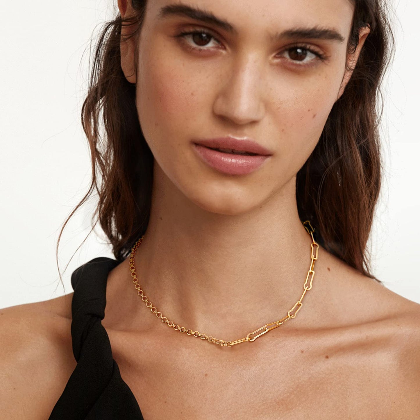 Aobei Pearl 18K Gold Paperclip Chain Choker Satellite Chain Biwa Pearl Pendant Necklace Dainty Jewelry for Women