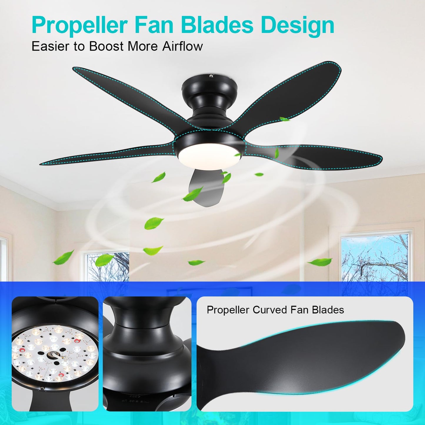 Ceiling Fans with Lights, 51 inch Modern Black Low Profile Ceiling Fan with Light and Remote App Control, Flush Mount, Quiet DC Reversible, Dim Led Ceiling Fan 6 Blade Softer Wind Indoor/Outdoor Patio