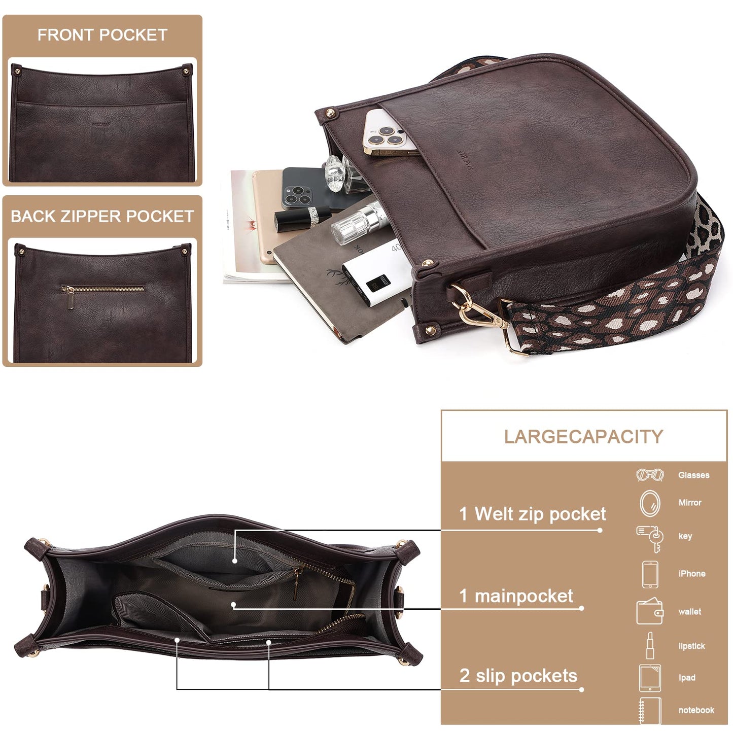 HKCLUF Crossbody Bags for Women Trendy Vegan Leather Hobo Handbags With 2PCS Adjustable Guitar Strap Shoulder Bucket Bags