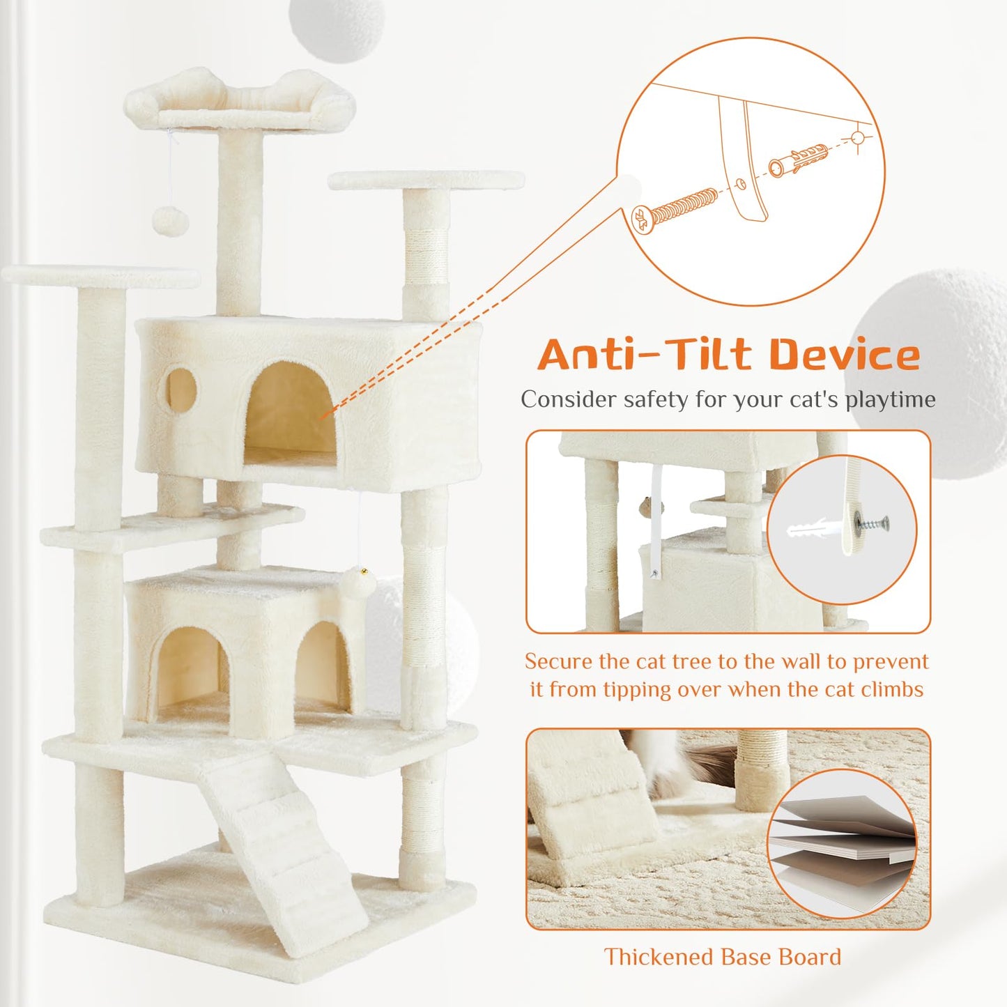 Sweetcrispy 54-Inch Cat Tree Tower – Multi-Level with Sisal Scratching Post, Perfect Pet Gift, Indoor Condo with Climbing Ladder, Plush Toy, and More Animal Stuff, Light Grey