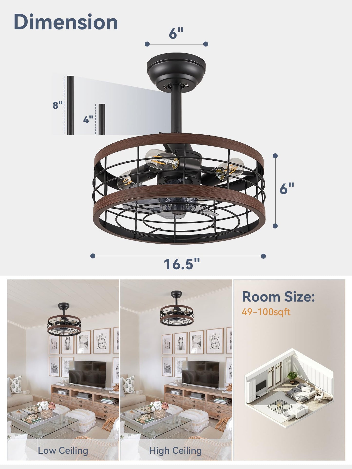 LEDIARY 16.5 inch Black Caged Ceiling Fan with Light, Fandelier Industrial Ceiling Fan with Remote, Farmhouse Fan Lights Ceiling Fixtures for Kitchen, Bedroom, Outdoor(6 Speed, Timing)-Black