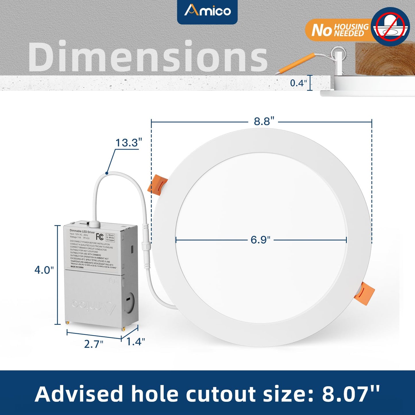 Amico 12 Pack 6 Inch 5CCT Ultra-Thin LED Recessed Ceiling Light with Junction Box, 1050LM Brightness, Dimmable Canless Wafer Downlight, 12W, ETL&FCC