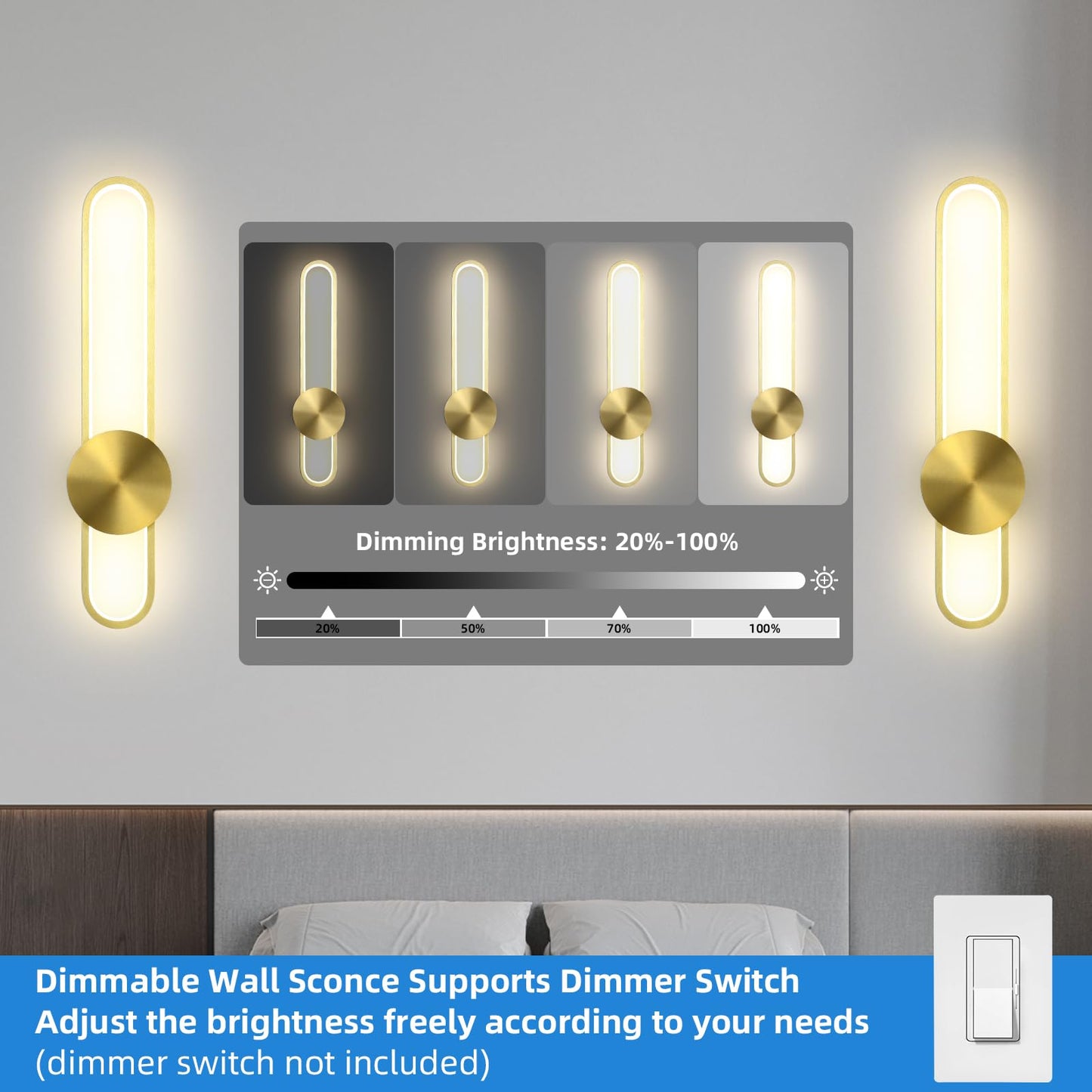 Modern Wall Sconce 4000K Dimmable LED Wall Light Fixture, Hardwired Wall Lamp for Living Room, Dining Room, Bedroom, Hallway, Lobby, Entryway (Brushed Black, H110cm/43.3inch)