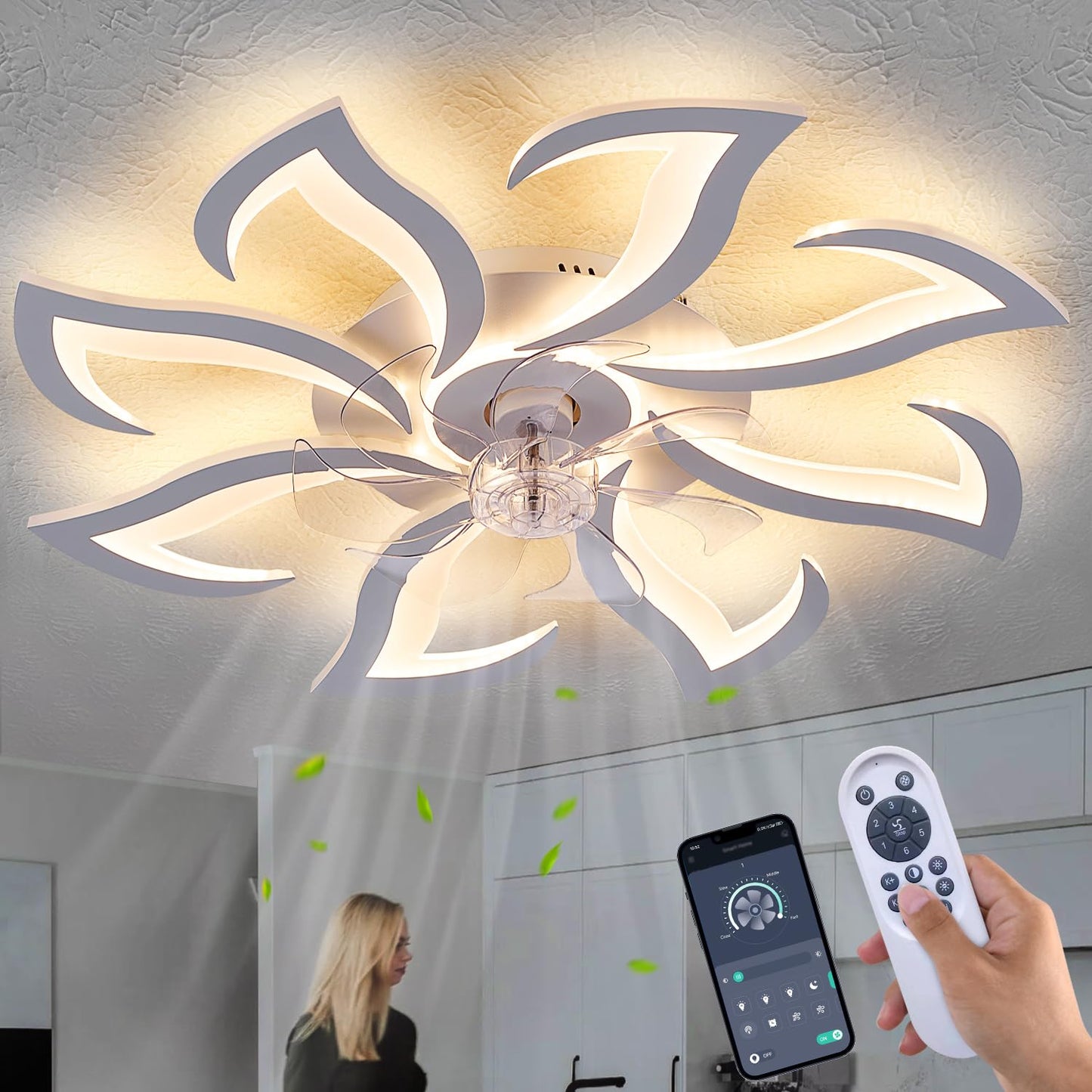 Ceiling Fan with Lights Remote Control, 24" Black, 6 Speeds 3 Light Color Low Profile Flush Mount Ceiling Fan for Kitchen Bedroom