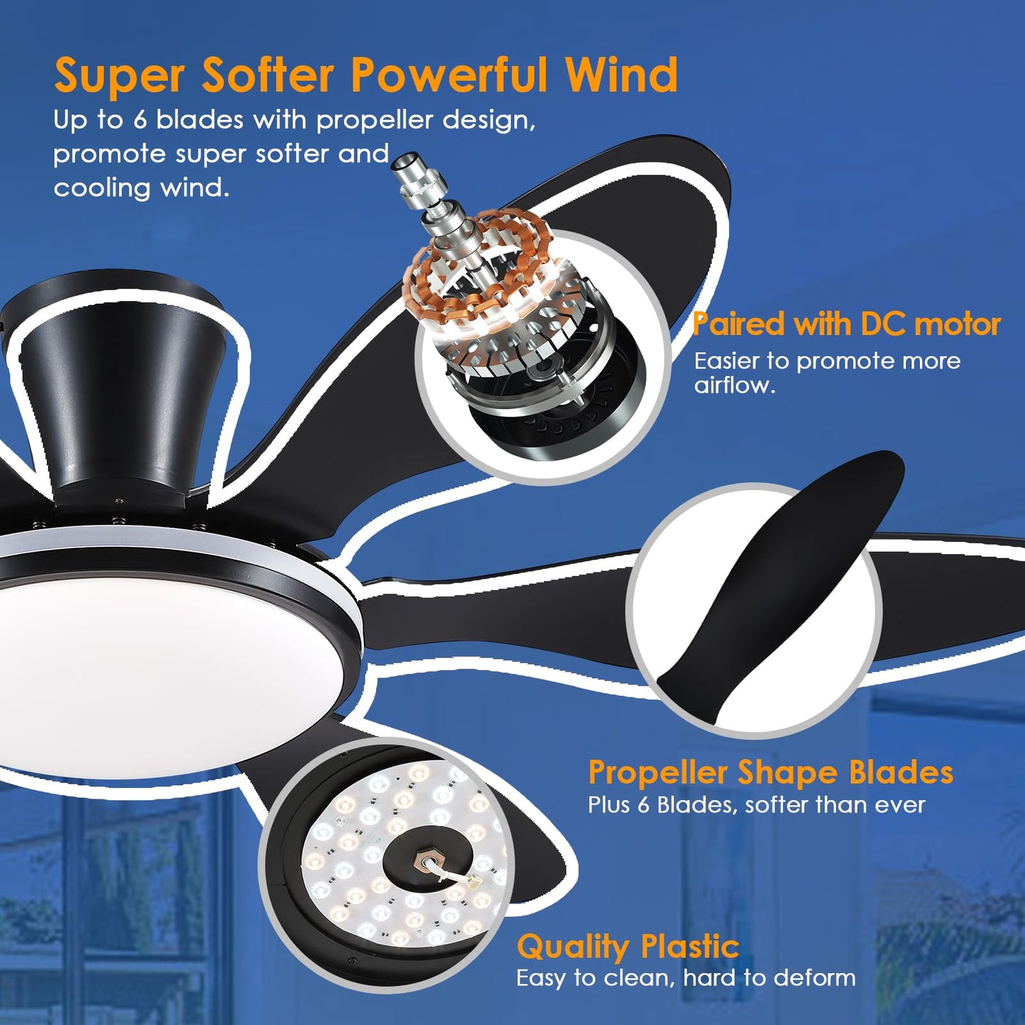 Ceiling Fans with Lights, 51 inch Modern Black Low Profile Ceiling Fan with Light and Remote App Control, Flush Mount, Quiet DC Reversible, Dim Led Ceiling Fan 6 Blade Softer Wind Indoor/Outdoor Patio
