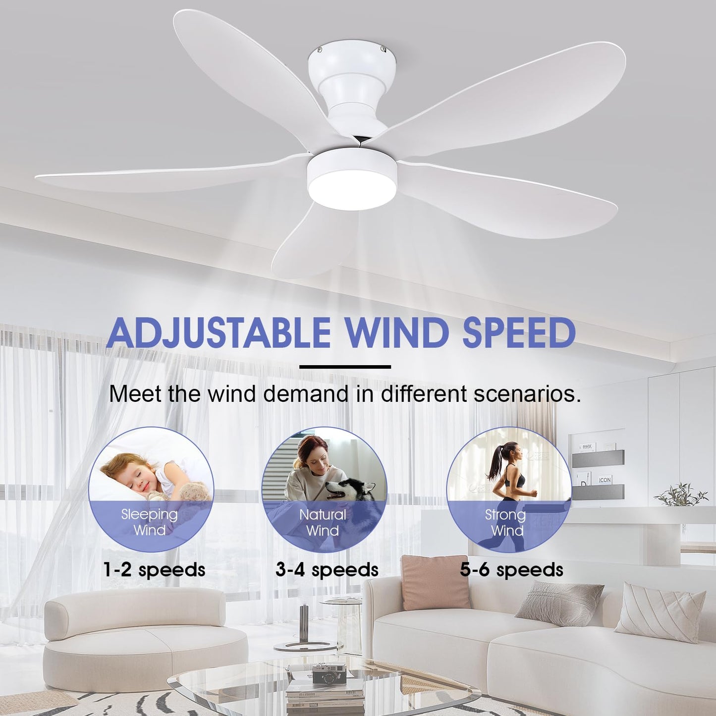 Ceiling Fans with Lights and Remote/APP Control, 30 inch Low Profile Ceiling Fans with 5 Reversible Blades 3 Colors Dimmable 6 Speeds Ceiling Fan for Bedroom Kids Room Dining Room, Black