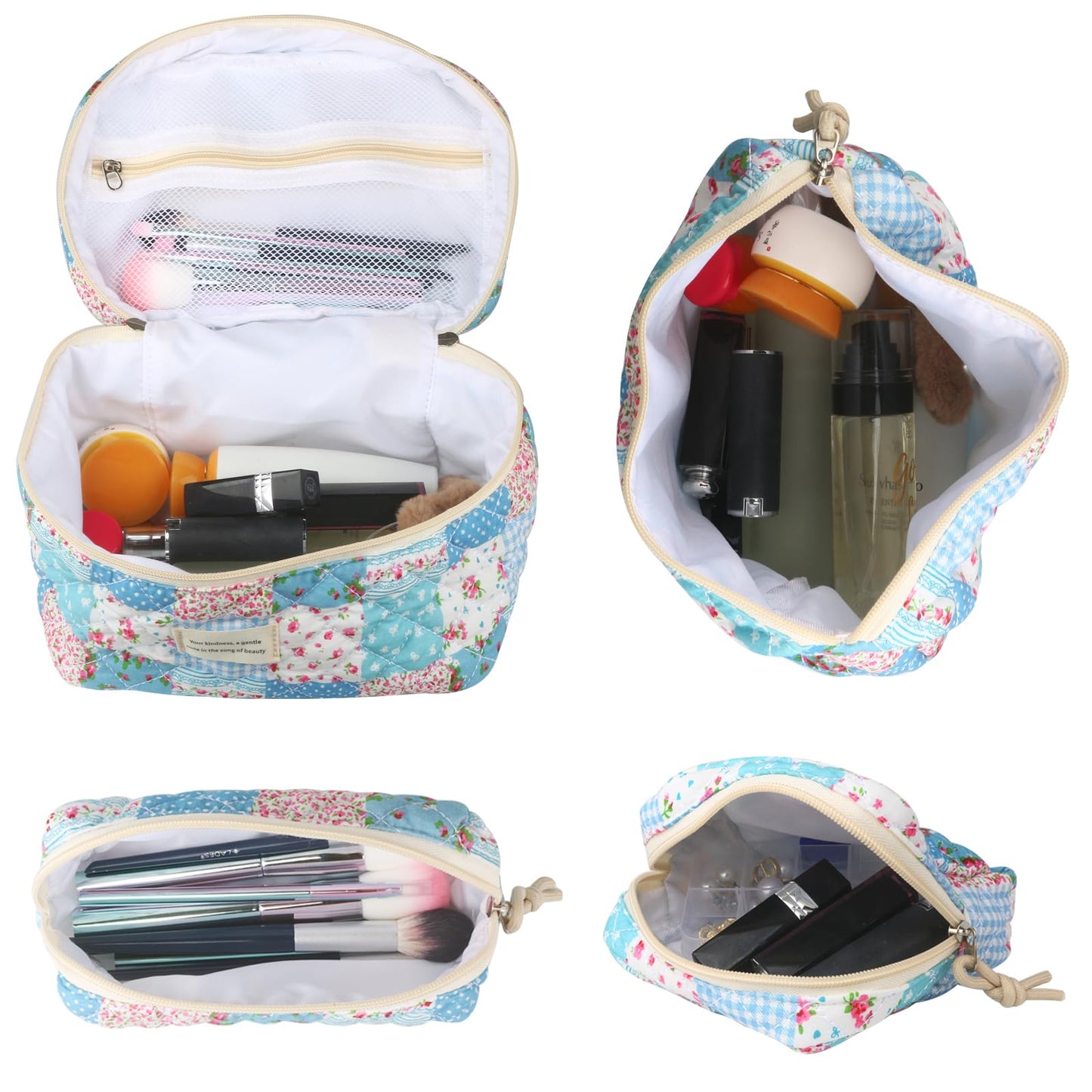 Cute Makeup Bag for Women(2 Pcs), Travel Cosmetic Bags, Quilted Coquette Aesthetic Floral Toiletry Organizer Bag (NavyBlue Flower)