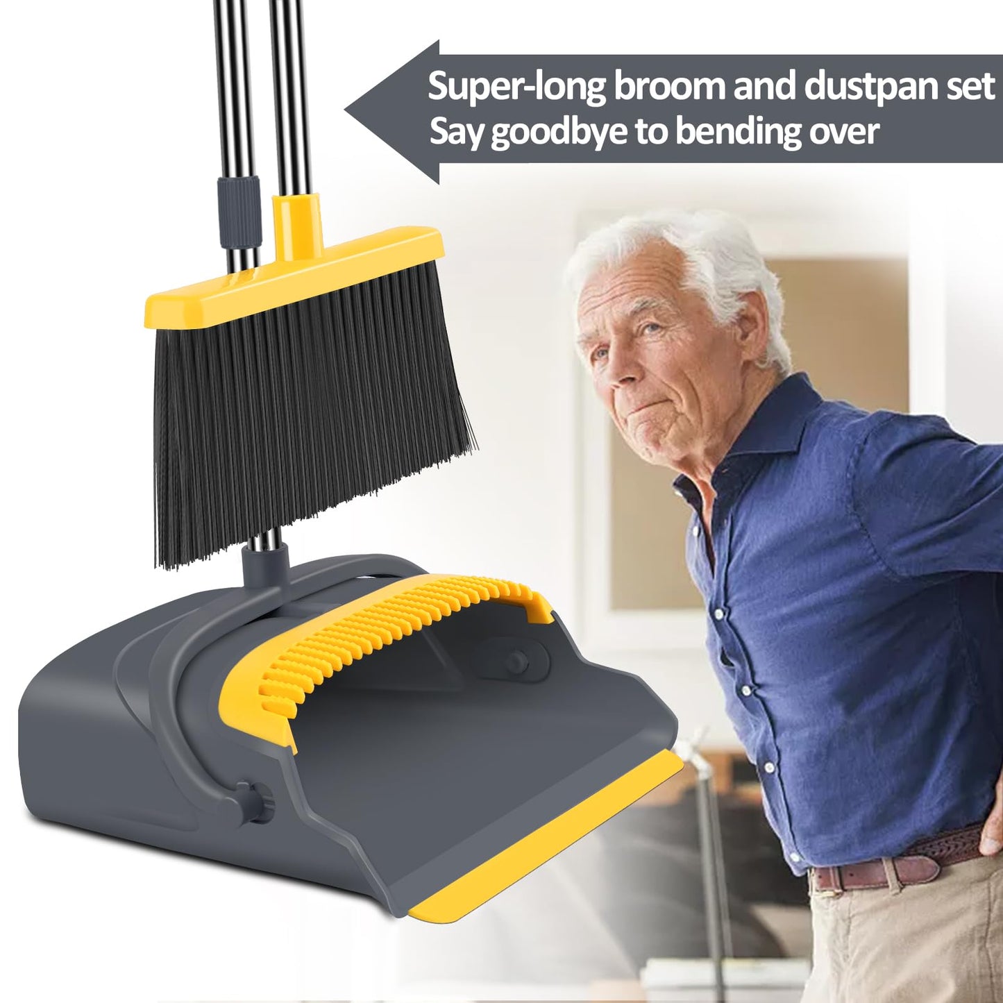 kelamayi Upgrade Broom and Dustpan Set, Self-Cleaning with Dustpan Teeth, Indoor&Outdoor Sweeping, Ideal for Dog Cat Pets Home Use, Stand Up Broom and Dustpan (Gray&Orange)