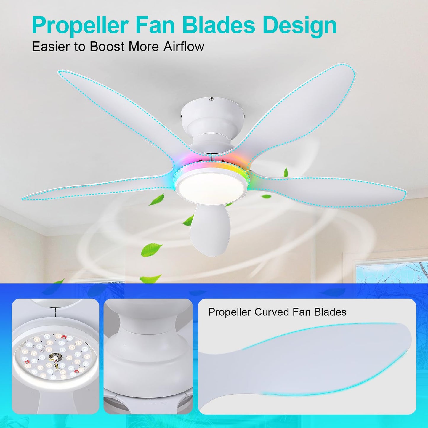 Ceiling Fans with Lights, 51 inch Modern Black Low Profile Ceiling Fan with Light and Remote App Control, Flush Mount, Quiet DC Reversible, Dim Led Ceiling Fan 6 Blade Softer Wind Indoor/Outdoor Patio