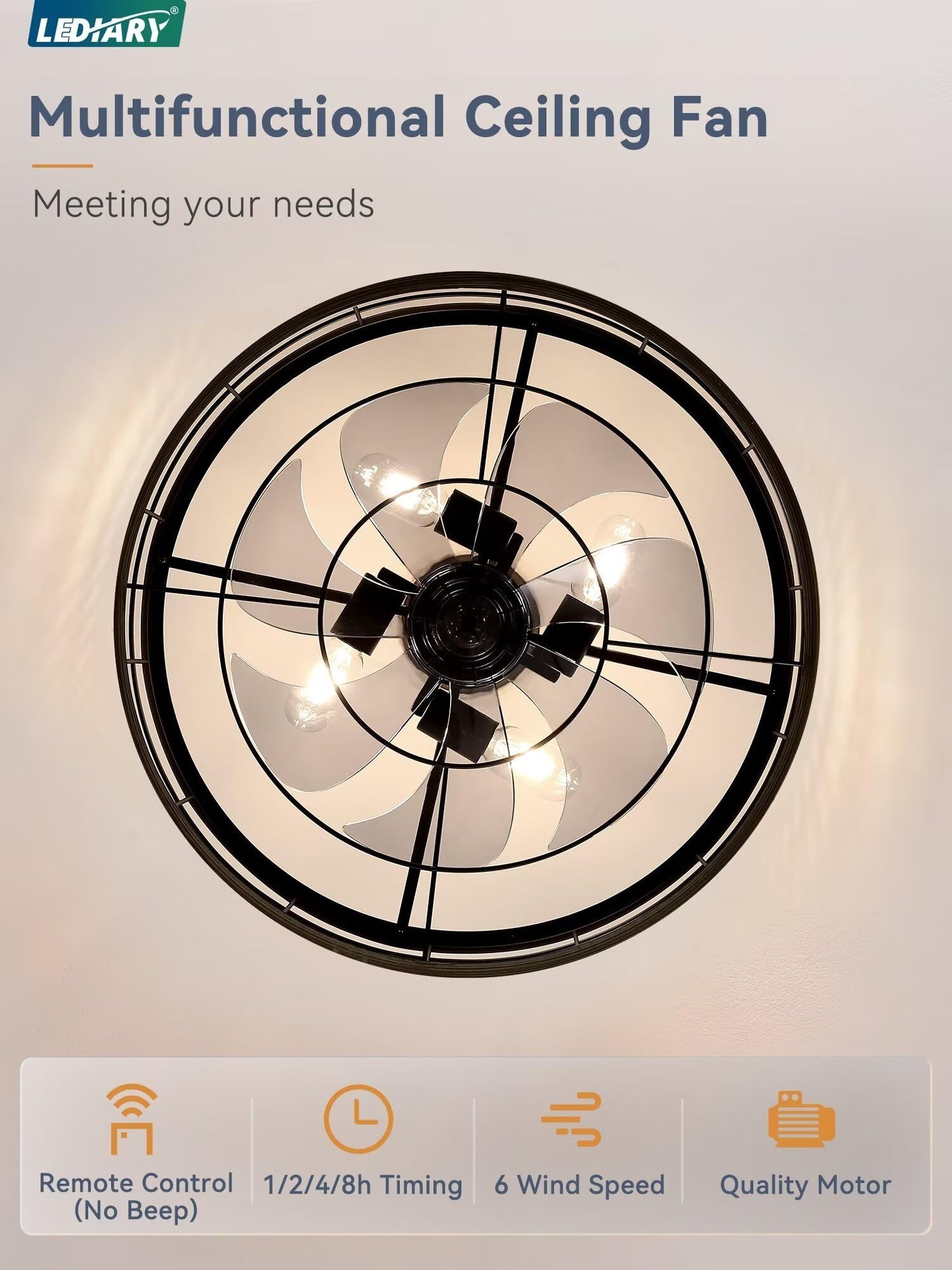 LEDIARY 16.5 inch Black Caged Ceiling Fan with Light, Fandelier Industrial Ceiling Fan with Remote, Farmhouse Fan Lights Ceiling Fixtures for Kitchen, Bedroom, Outdoor(6 Speed, Timing)-Black