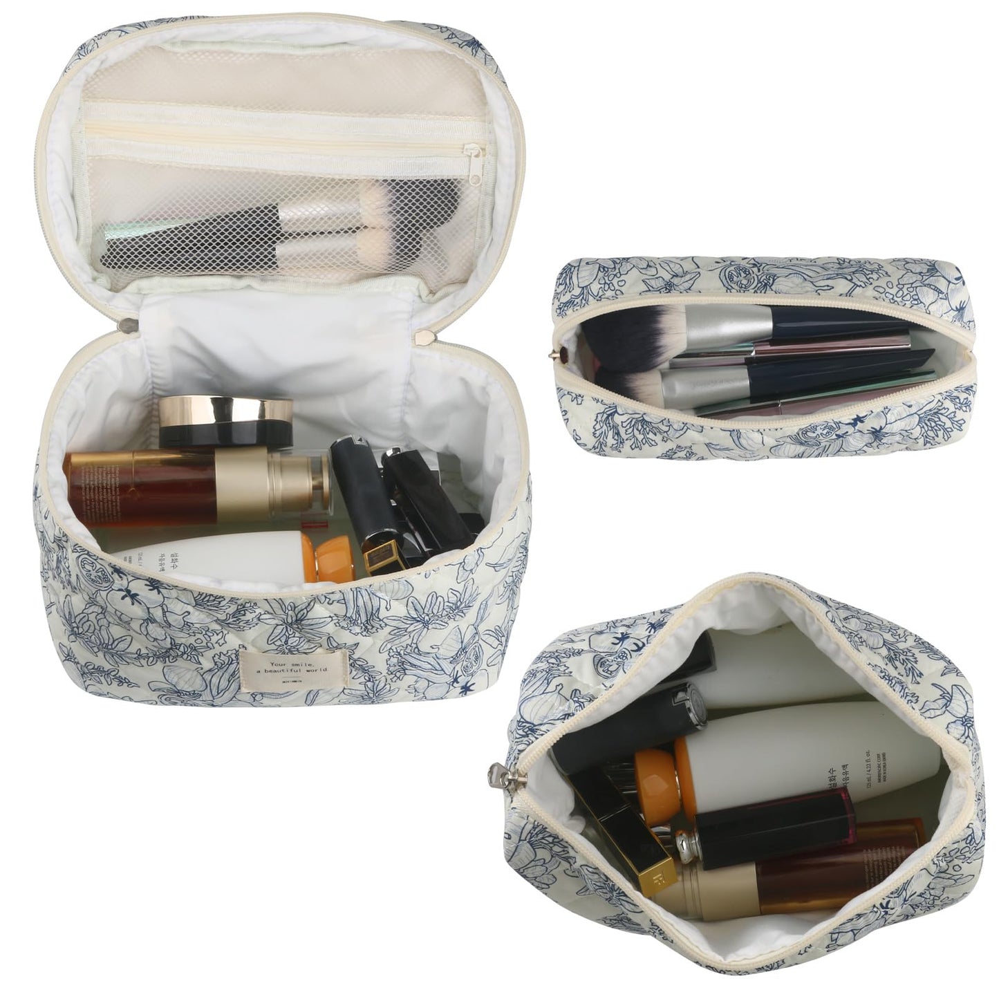 Cute Makeup Bag for Women(2 Pcs), Travel Cosmetic Bags, Quilted Coquette Aesthetic Floral Toiletry Organizer Bag (NavyBlue Flower)