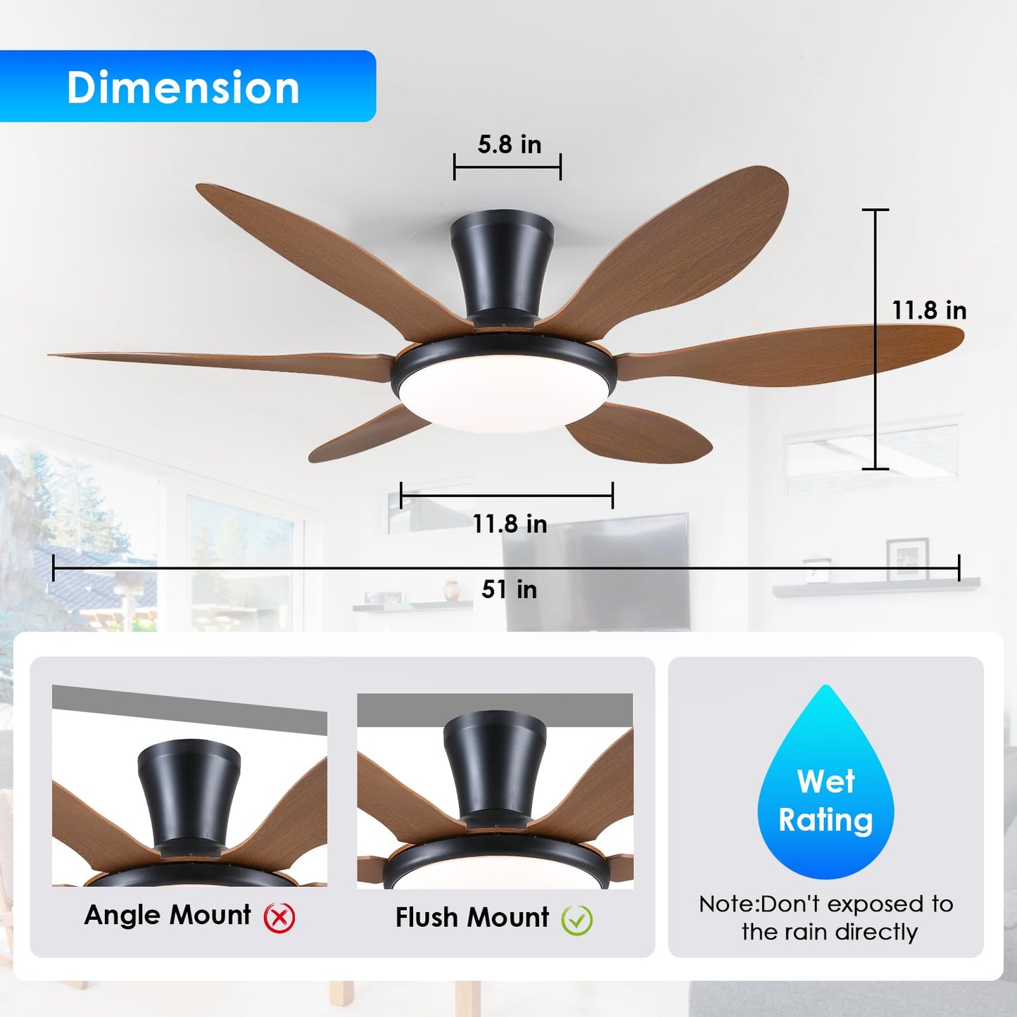 Ceiling Fans with Lights, 51 inch Modern Black Low Profile Ceiling Fan with Light and Remote App Control, Flush Mount, Quiet DC Reversible, Dim Led Ceiling Fan 6 Blade Softer Wind Indoor/Outdoor Patio