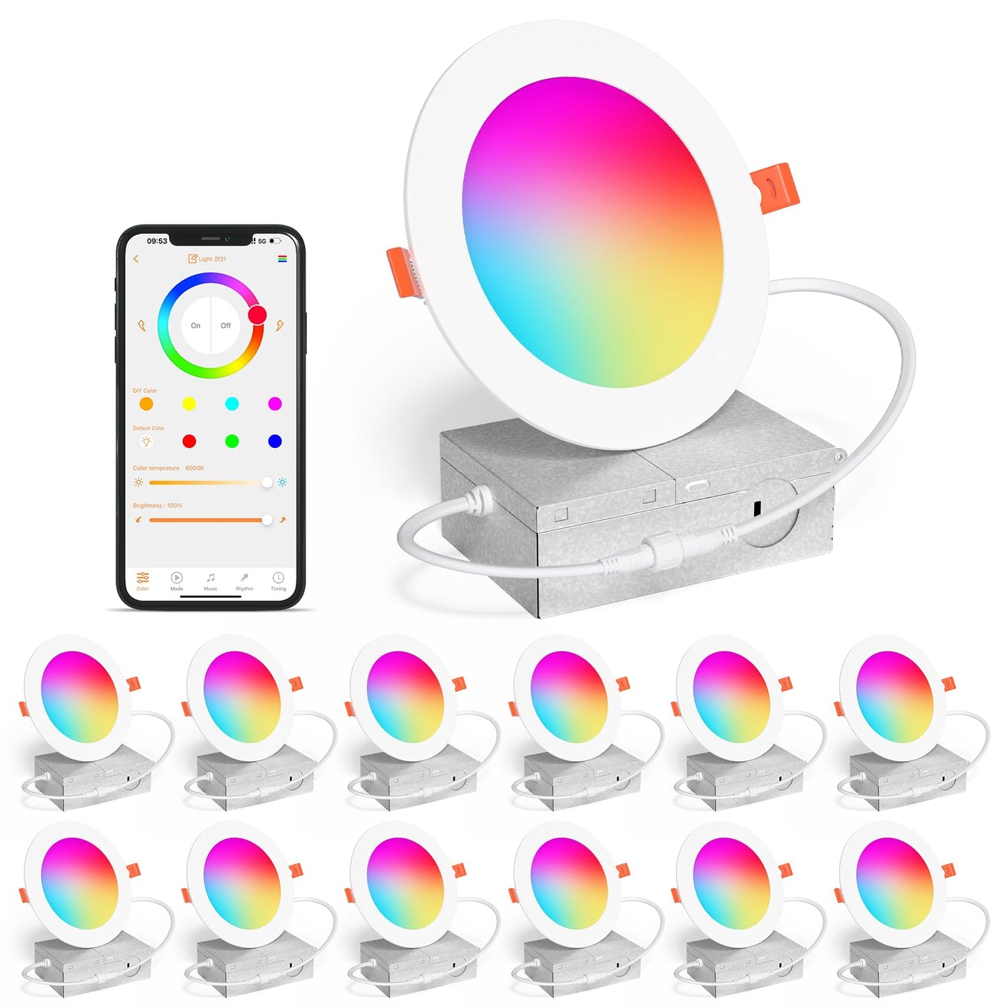 Smart Recessed Lighting 4 Inch RGBCW Color Changing 12W LED Downlight with Junction Box,1000 Lumen Recessed Ceiling Light Compatible with Alexa,Dimmable by Bluetooth Control -12Pack
