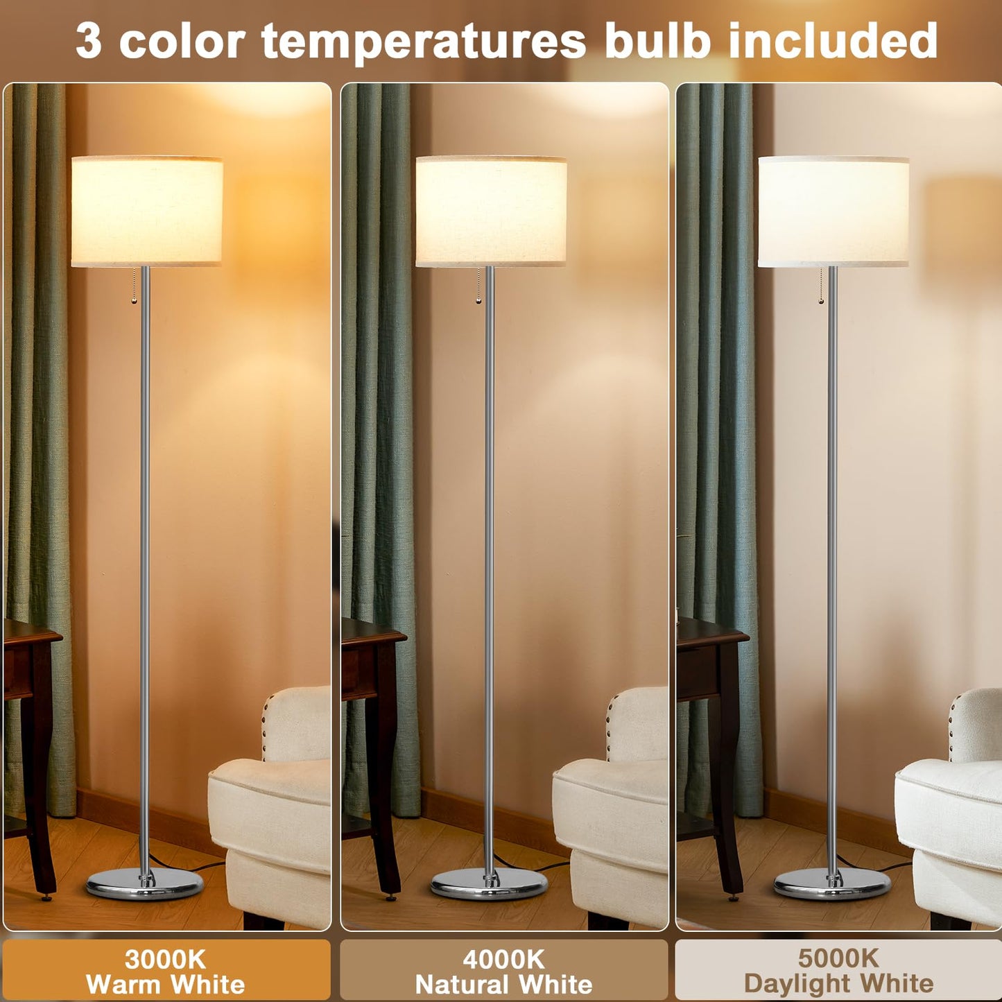Modern Floor Lamp Simple Design with White Shade, Foot Pedal Switch, 60" Small Tall Lamps for Living Room Bedroom Office Dining Room Kitchen, Black Pole Lamp(Without Bulb)