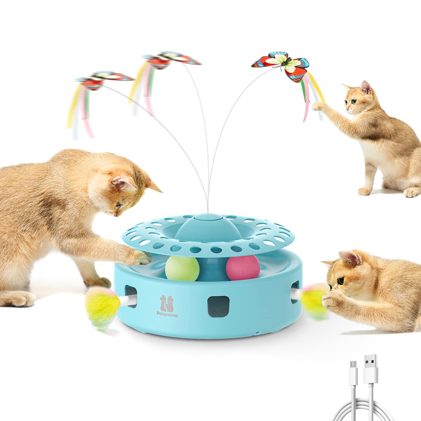 Potaroma Cat Toys 3in1 Automatic Interactive Kitten Toy, Fluttering Butterfly, Moving Ambush Feather, Track Balls, Dual Power Supplies, USB Powered, Indoor Exercise Kicker (Bright White)