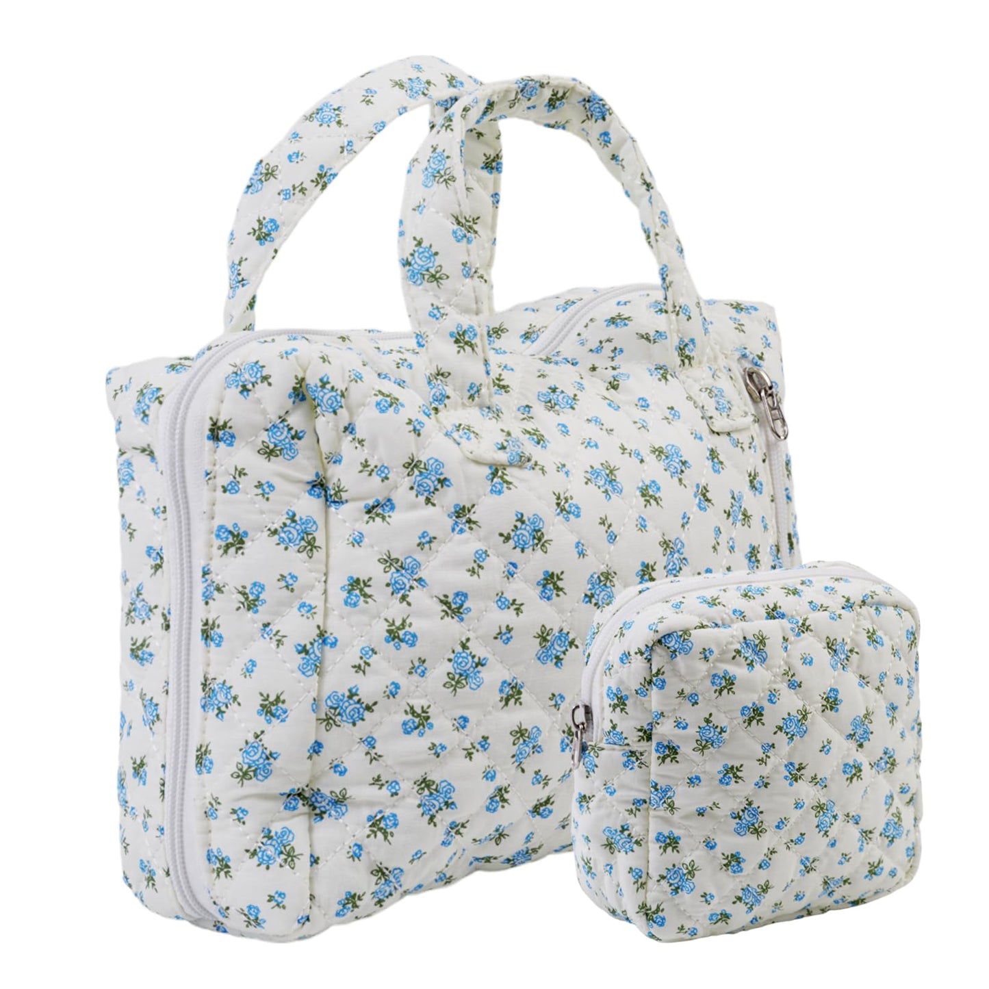 Cute Makeup Bag for Women(2 Pcs), Travel Cosmetic Bags, Quilted Coquette Aesthetic Floral Toiletry Organizer Bag (NavyBlue Flower)