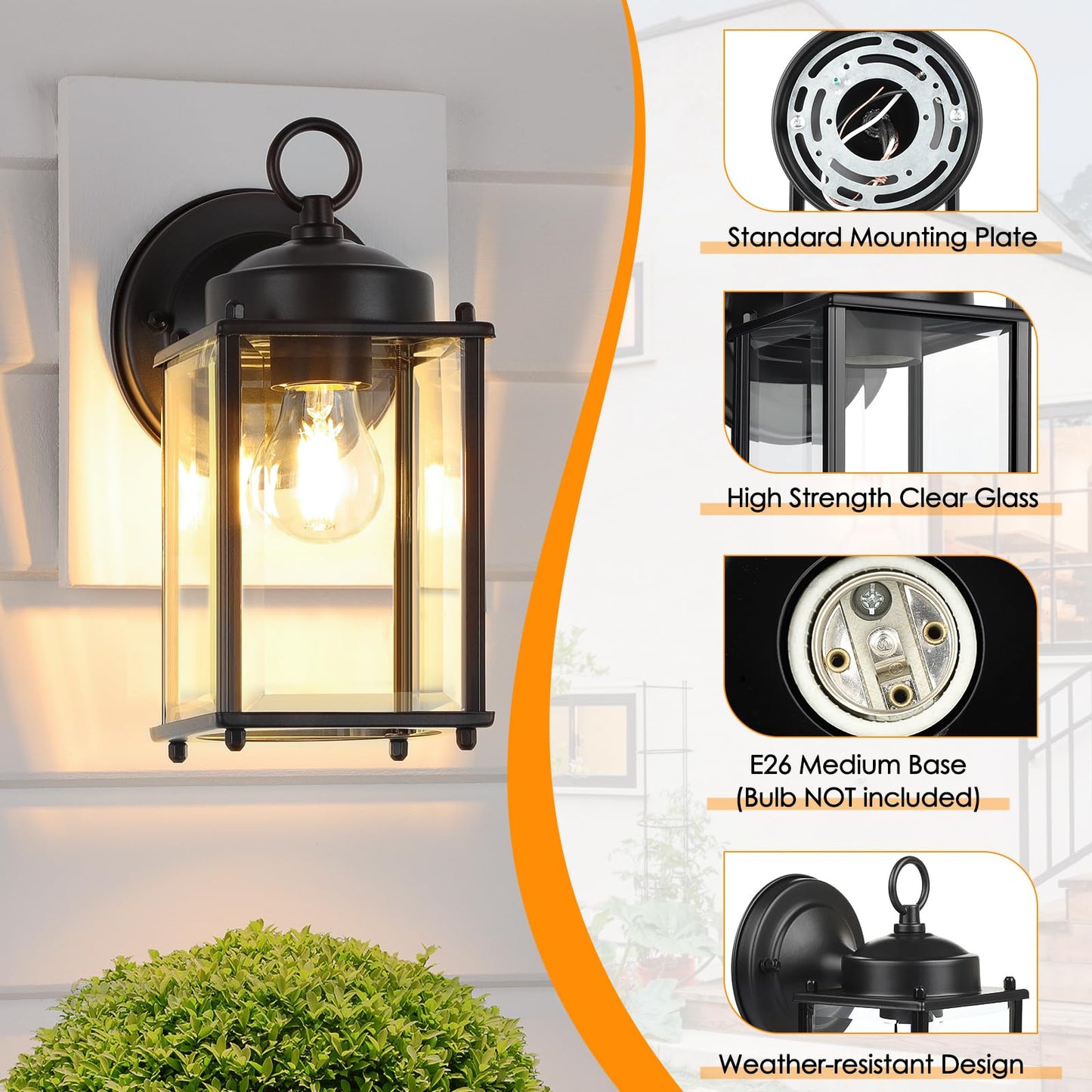 Outdoor Wall Lantern, Exterior Waterproof Wall Sconce Light Fixtures, Black Front Door Wall Lighting with Clear Beveled Glass Shade, 2 Pack