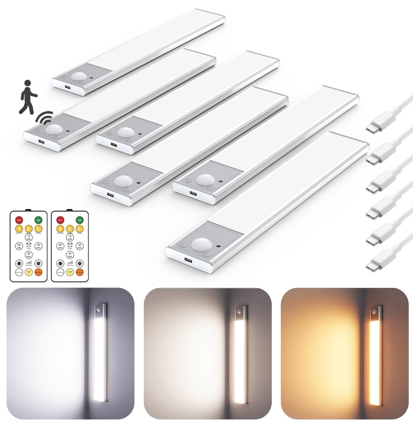 12" Thin Motion-Activated Under Cabinet Lighting, Aluminum Alloy Under Counter Lights for Kitchen, 3-Color-Temps Magnetic Closet Lights, Rechargeable Motion Sensor Light Indoor (4Pack, Silver)